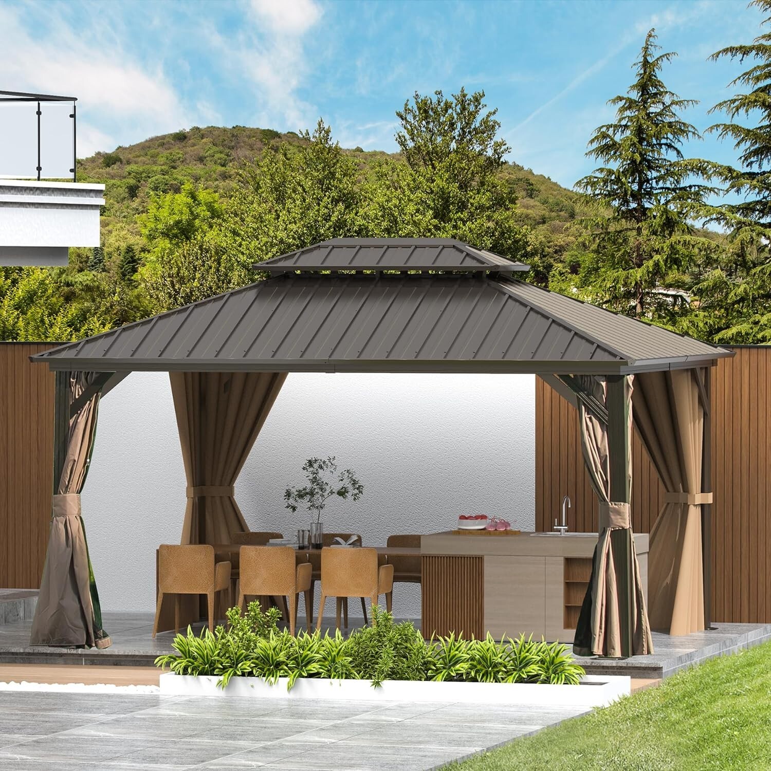 Domi 10'x 14' Hardtop Gazebo Outdoor Aluminum Gazebo w/Curtains,Net, Brown