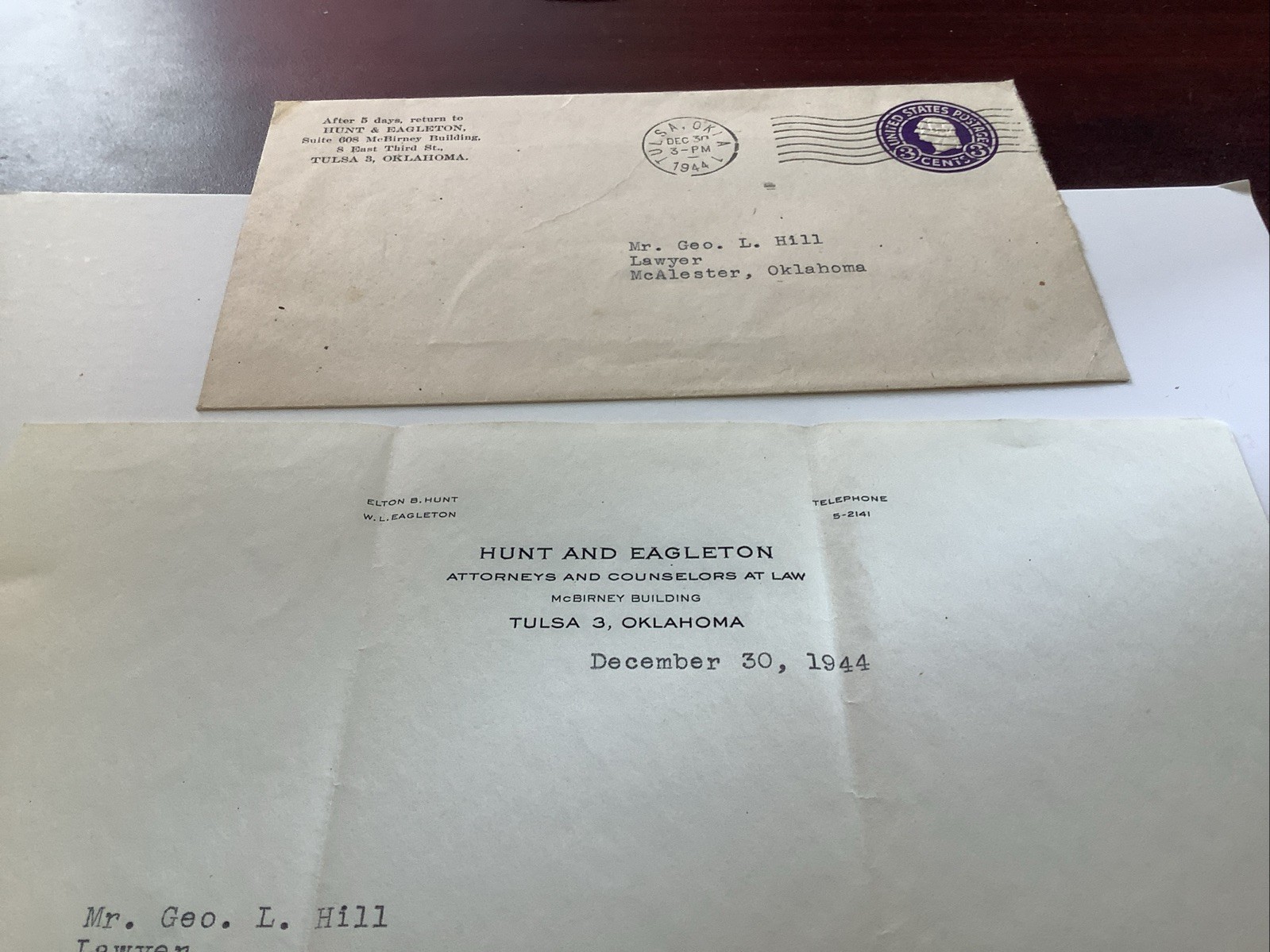 1944 Attorney Letter Hunt And Eagleton Tulsa, Oklahoma