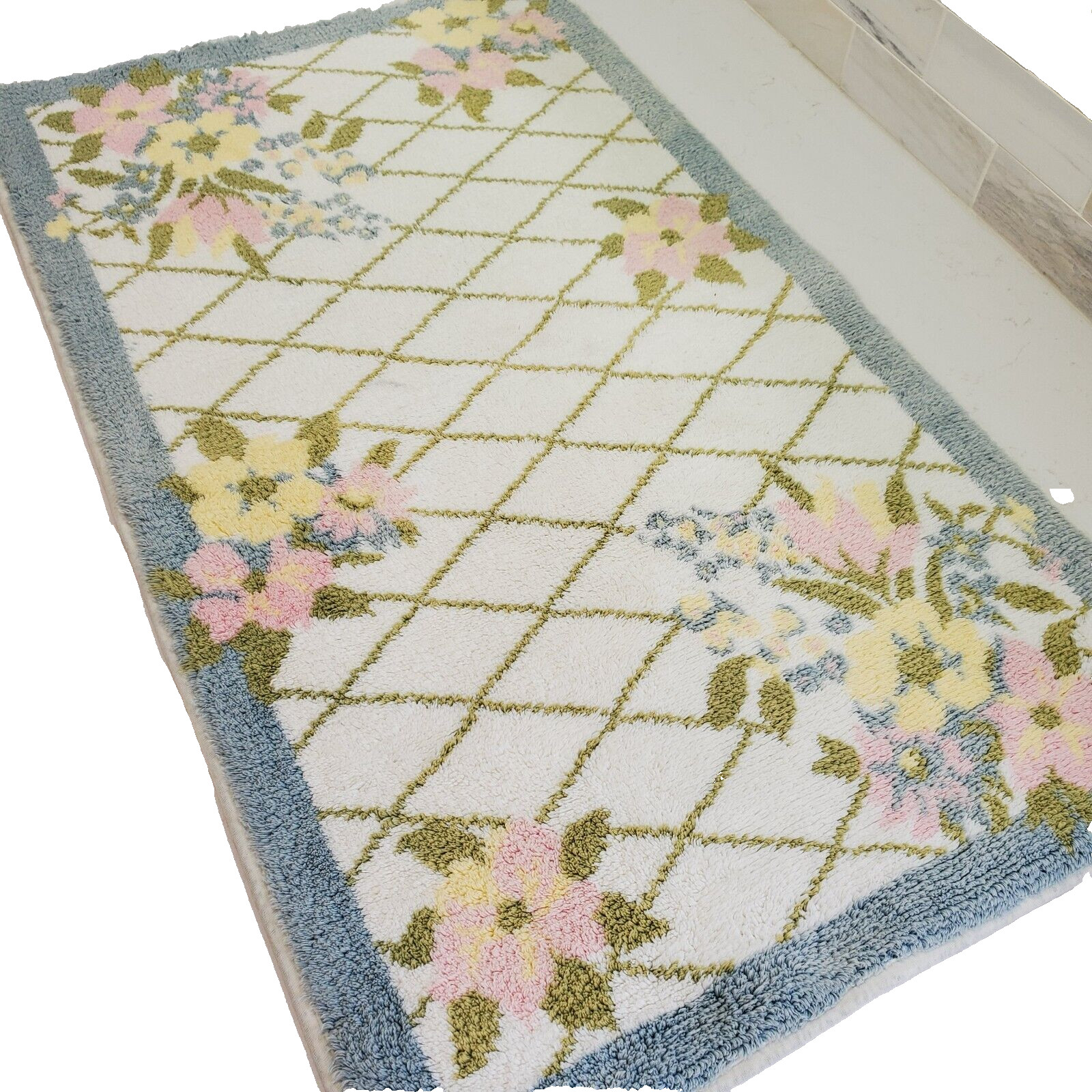 Longaberger Bath Mat Rug Pastel Trellis Pattern Blue Pink Cream White 18.5"x31"