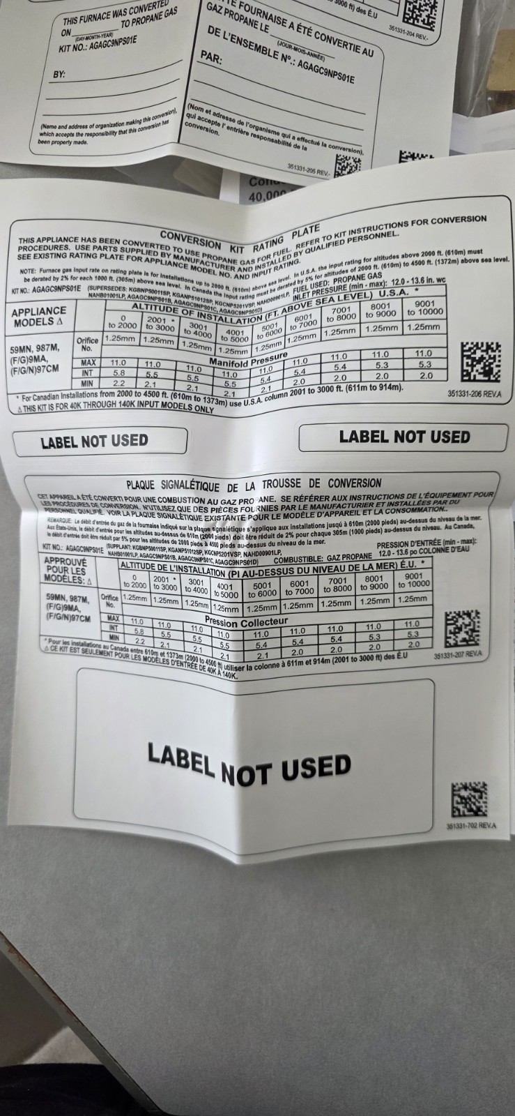 AGAGC9NPS01E Kit Gas CVRSN NATURAL to PROPANE Conversion Kit