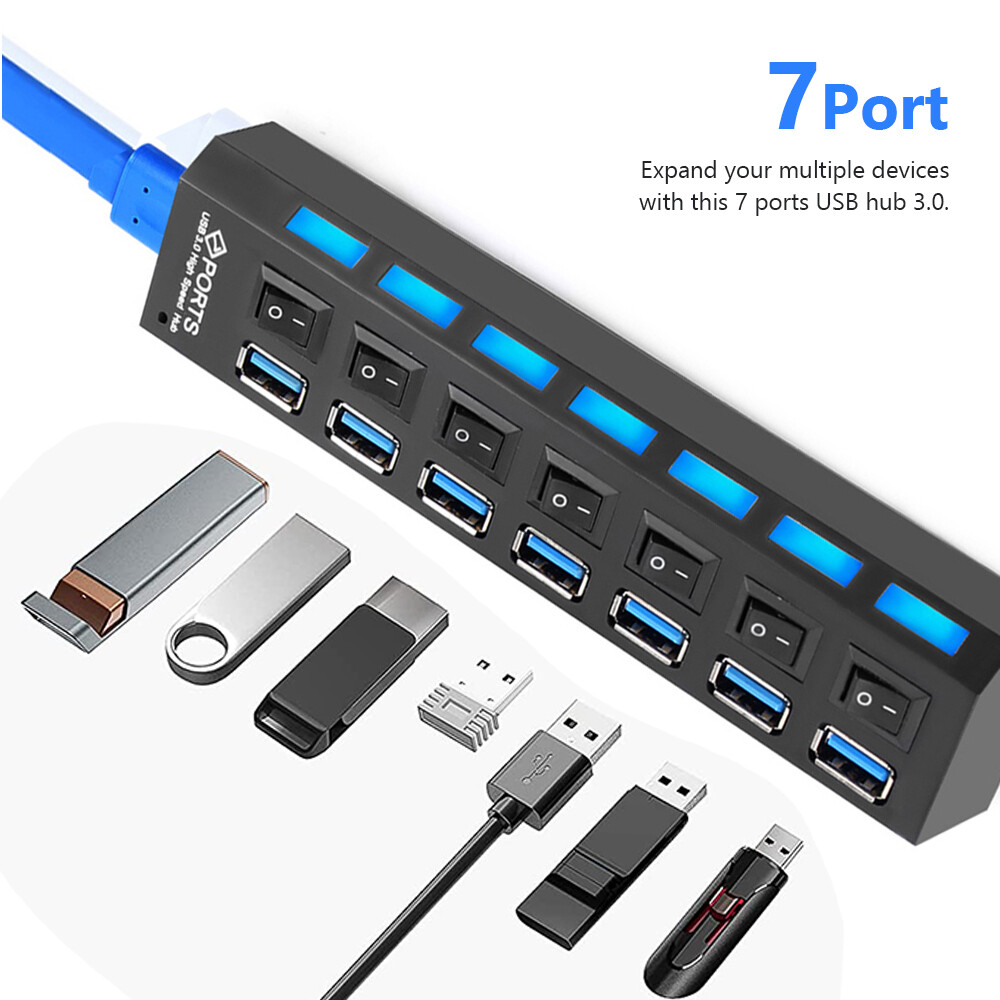 USB 3.0 Hub 7 Port On/Off Switch High Speed Splitter AC Adapter Cable PC Laptop