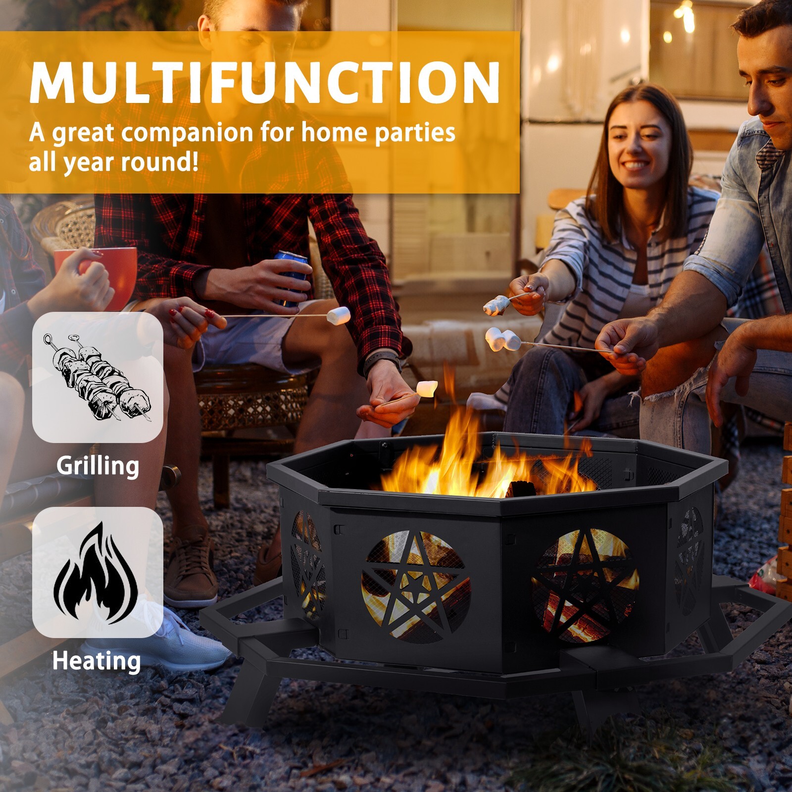 Large Heavy Duty 43" Octagonal Outdoor Wood Burning Fire Pit, Star Ventilation