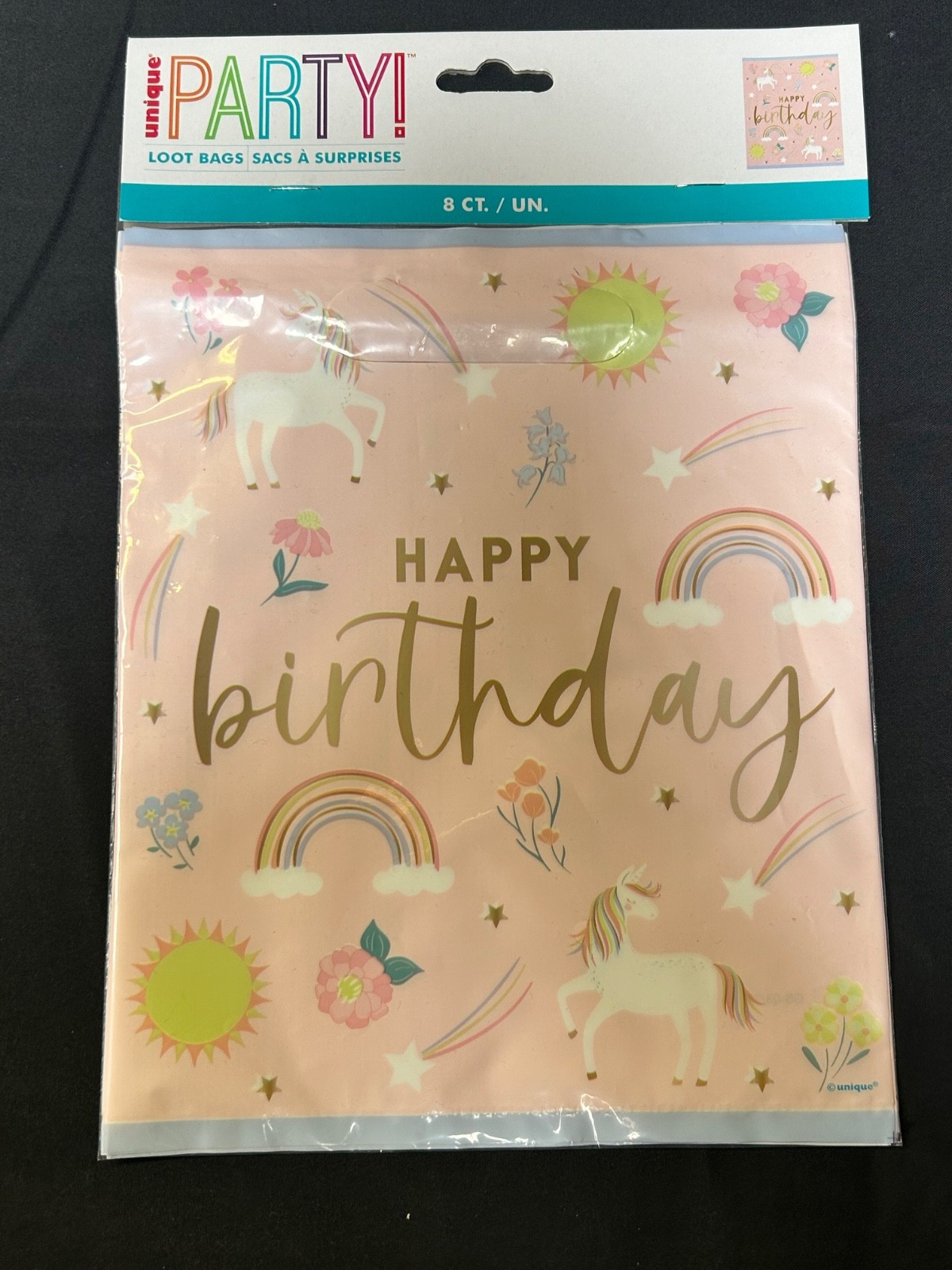 Happy Birthday Pink Unicorn Rainbows - Party Plastic Loot Bags - Pack of 8 - New
