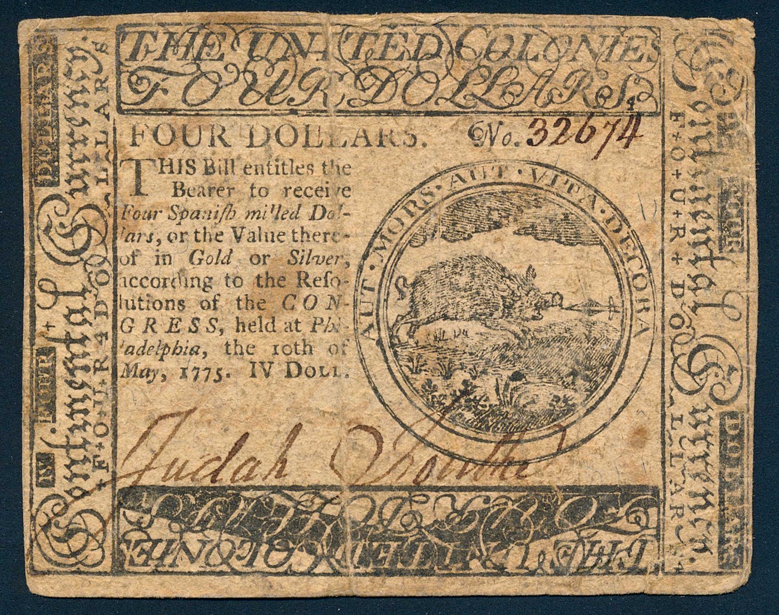 First Issue, May 10, 1775 $4 Four Dollars Continental Currency Note Philadelphia