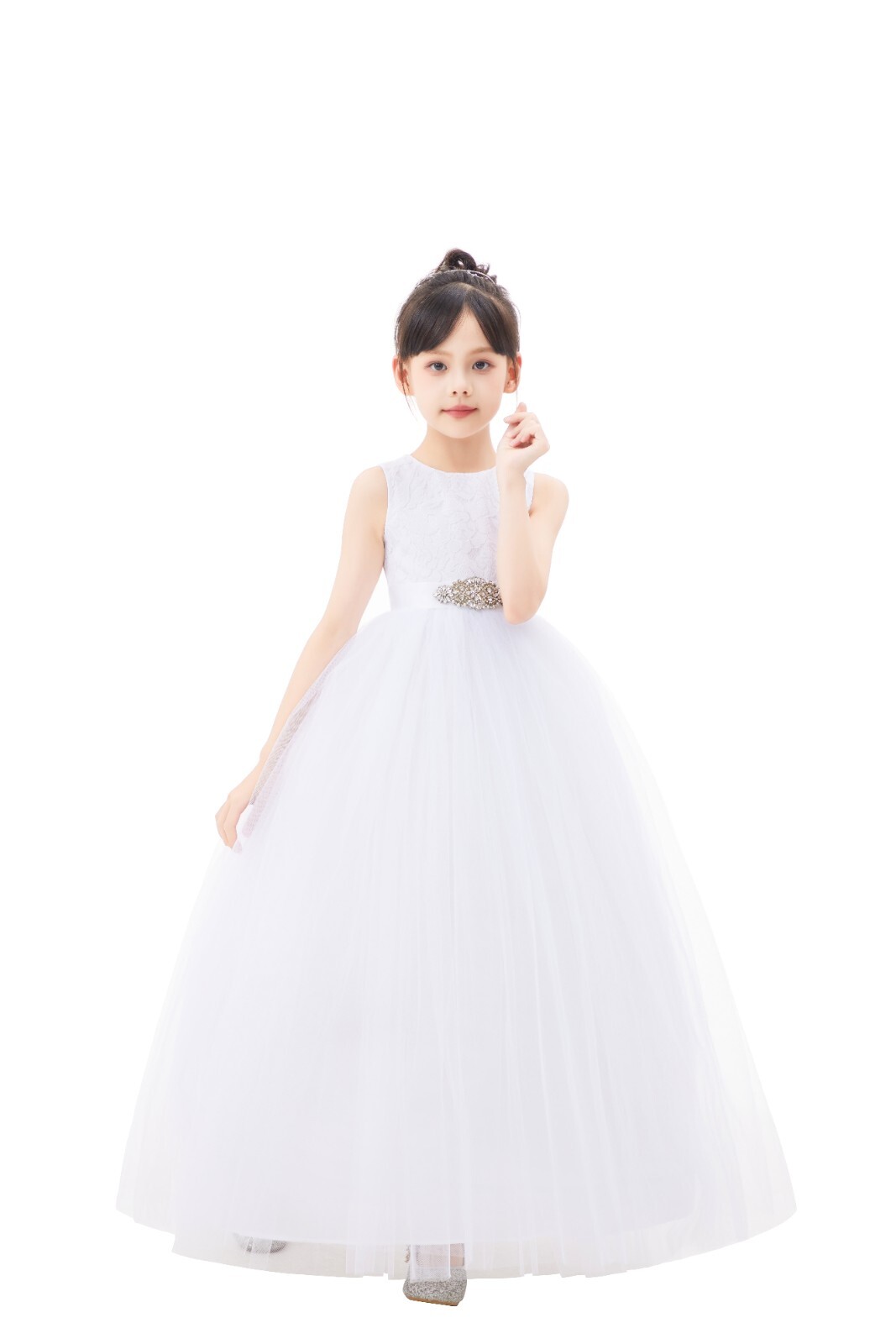 Heart Cutout Floral Lace Flower Girl Dress with Rhinestone Birthday Dresses