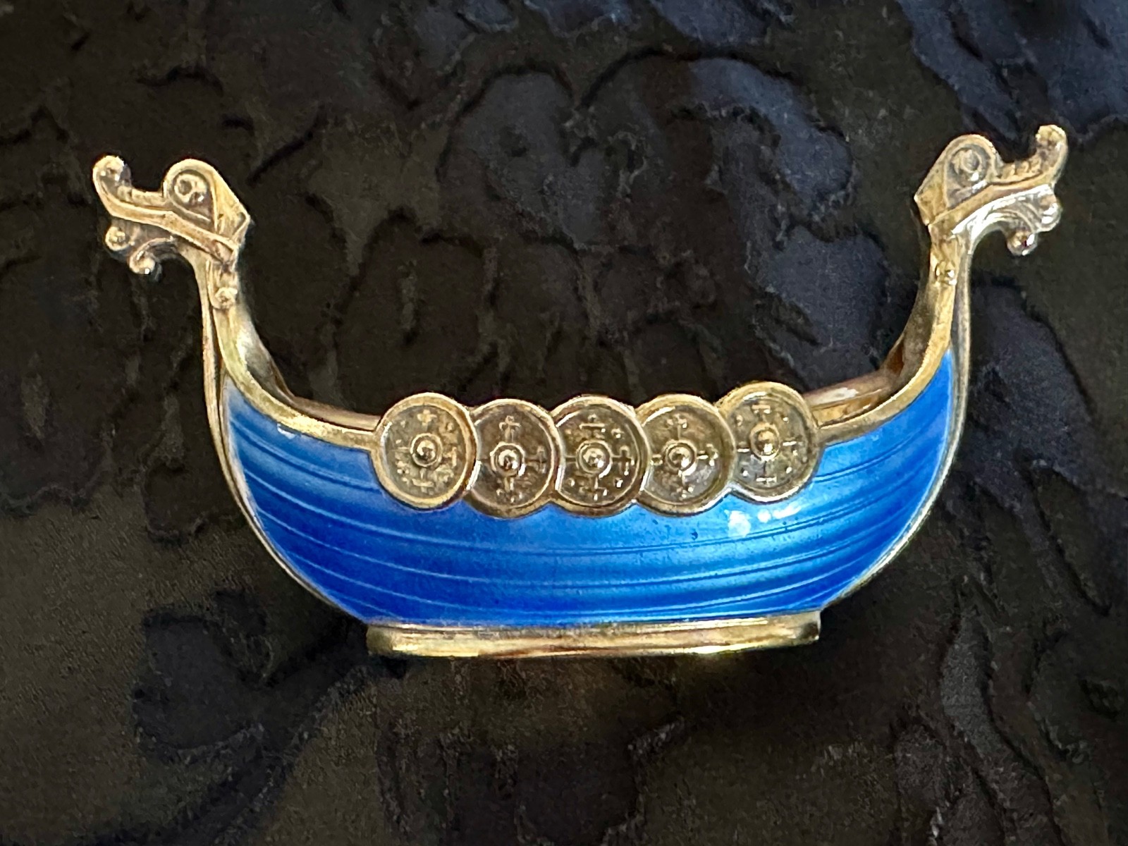 Theodore Olsen Norway Gilt Sterling Silver Blue Guilloche Viking Ship Salt