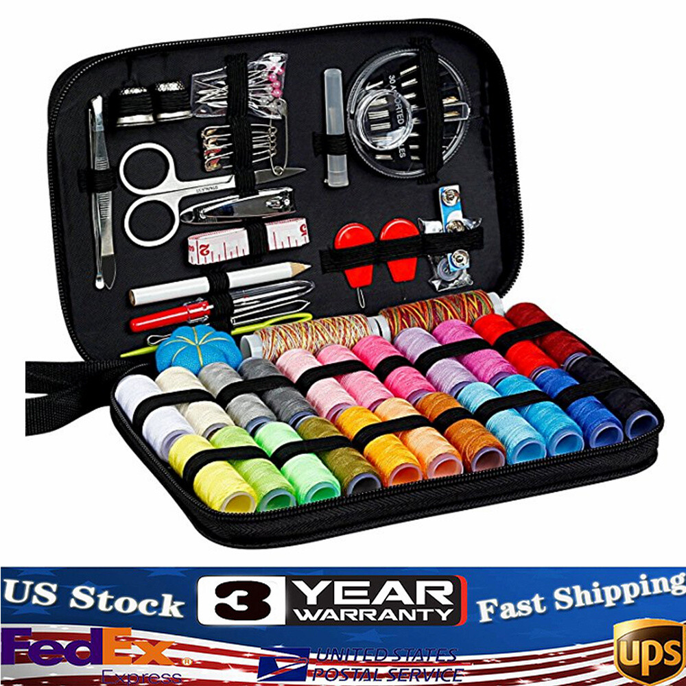 Complete Sewing Kits+Embroidery Stitch Guide Book Needles Scissors Buttons Pins