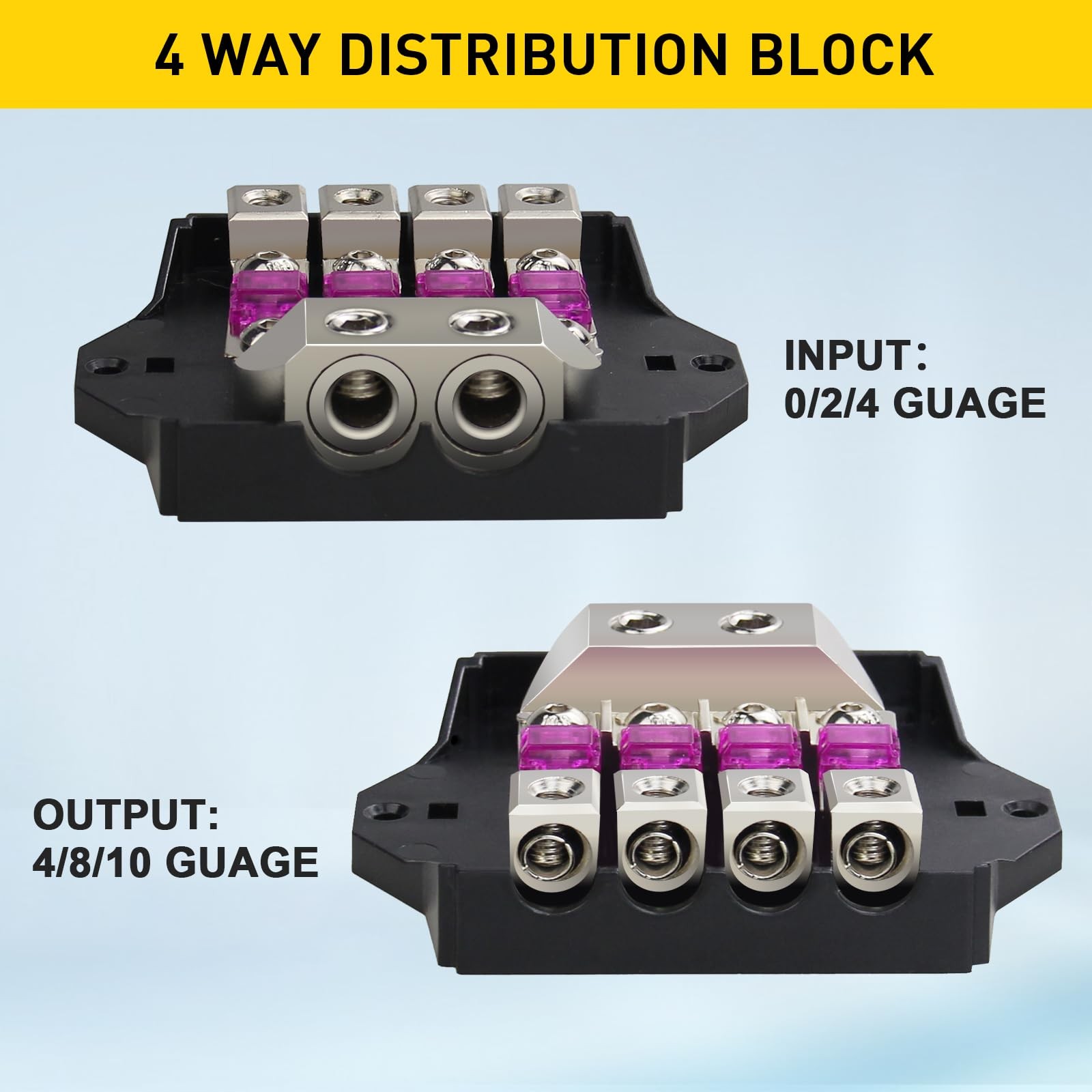 4 Way ANL Fused Distribution Block, 2 X 0/2/4 Gauge in / 4 X 4/8/10Gauge Out Fus