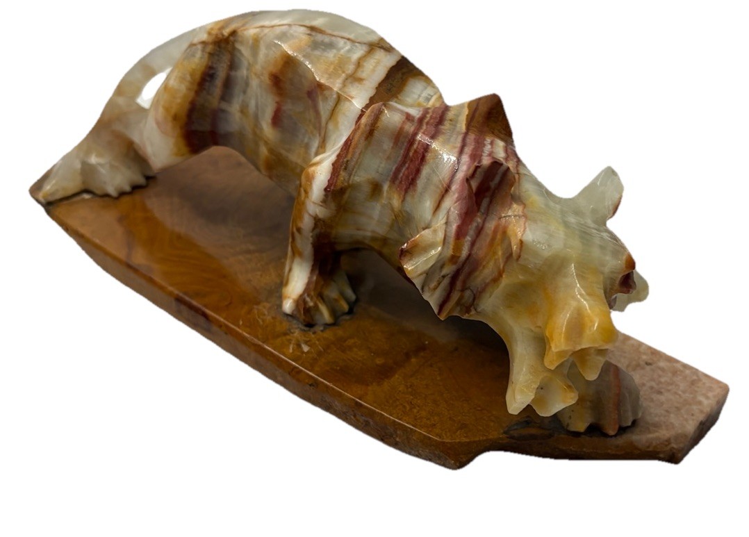 Vtg Hand Carved Onyx Tiger Large Rare Piece on 12" Marble Base HEAVY Alabaster