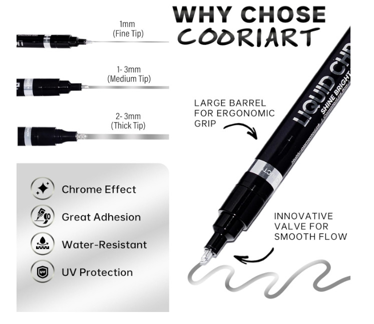 3PK Liquid Chrome Markers Set, Permanent Mirror Pens for Plastic, Metal, Art