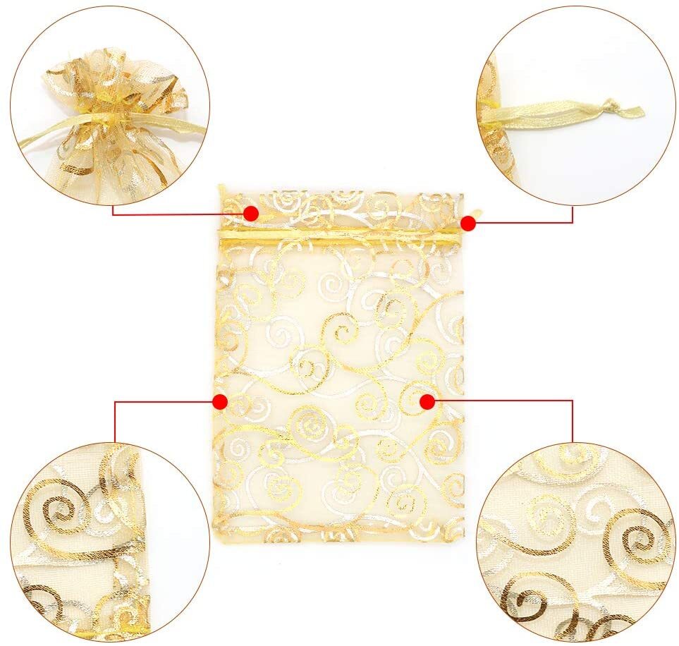100x Gold Sheer Organza Bags 4x5 Inch Mesh Jewelry Favor Drawstring Gifts Bags