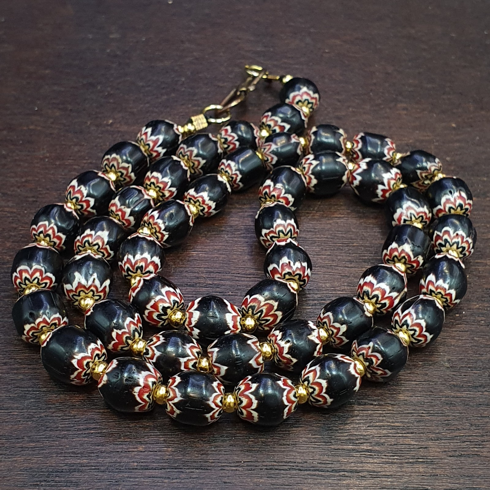 Vintage Venetian Style beads Old African black Glass Chevron Beads Long Strand
