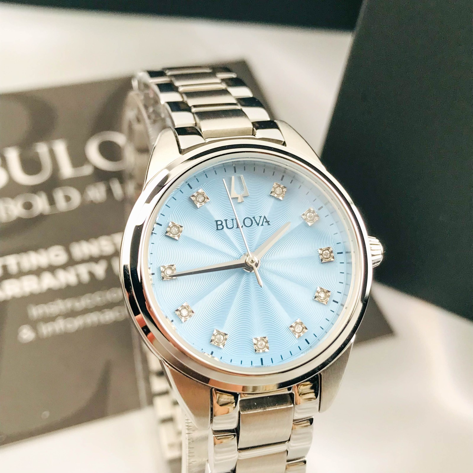 Bulova Classic 96P250 Sutton 11 Diamonds Blue Dial Women's Quartz Watch 28mm