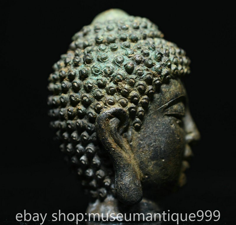 2.4" Old Chinese Bronze Ware Tang Dynasty Shakyamuni Buddha Head Statue