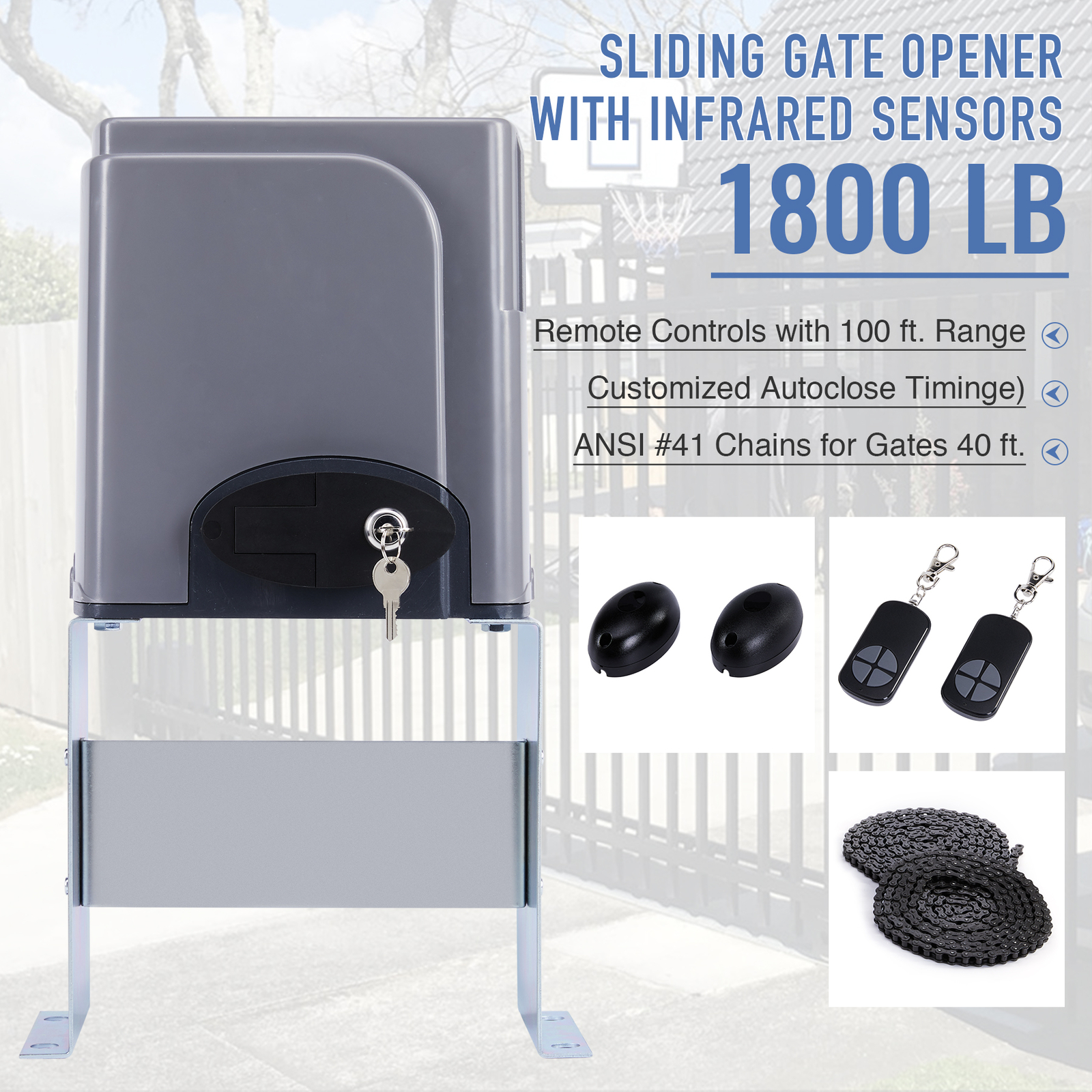Smart Sliding 380W Gate Opener with Remote Control IR Sensors 1800lb 40ft Quiet