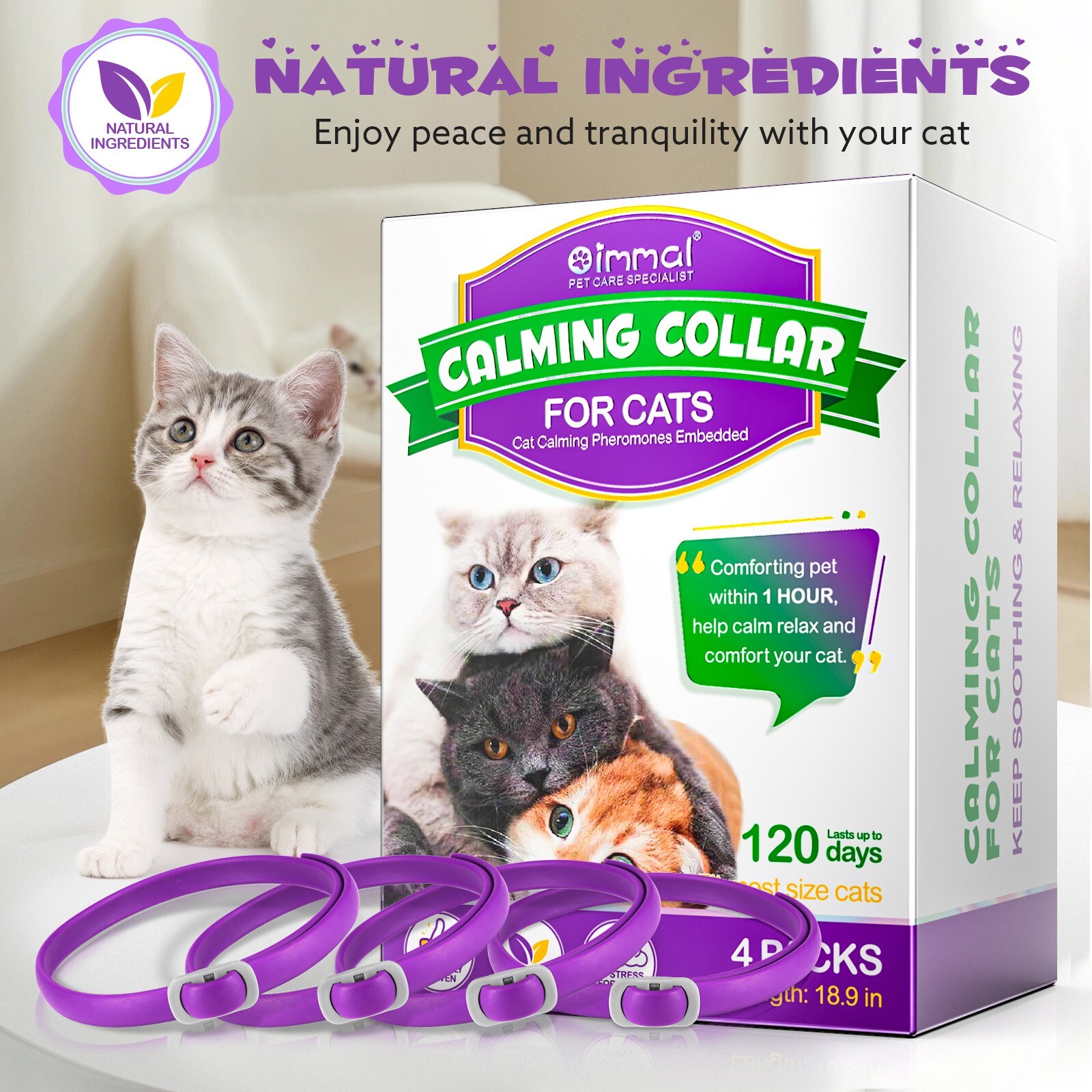 120Day Calming Collar for Cats Natural Calming Pheromones Embedded anxiety relax