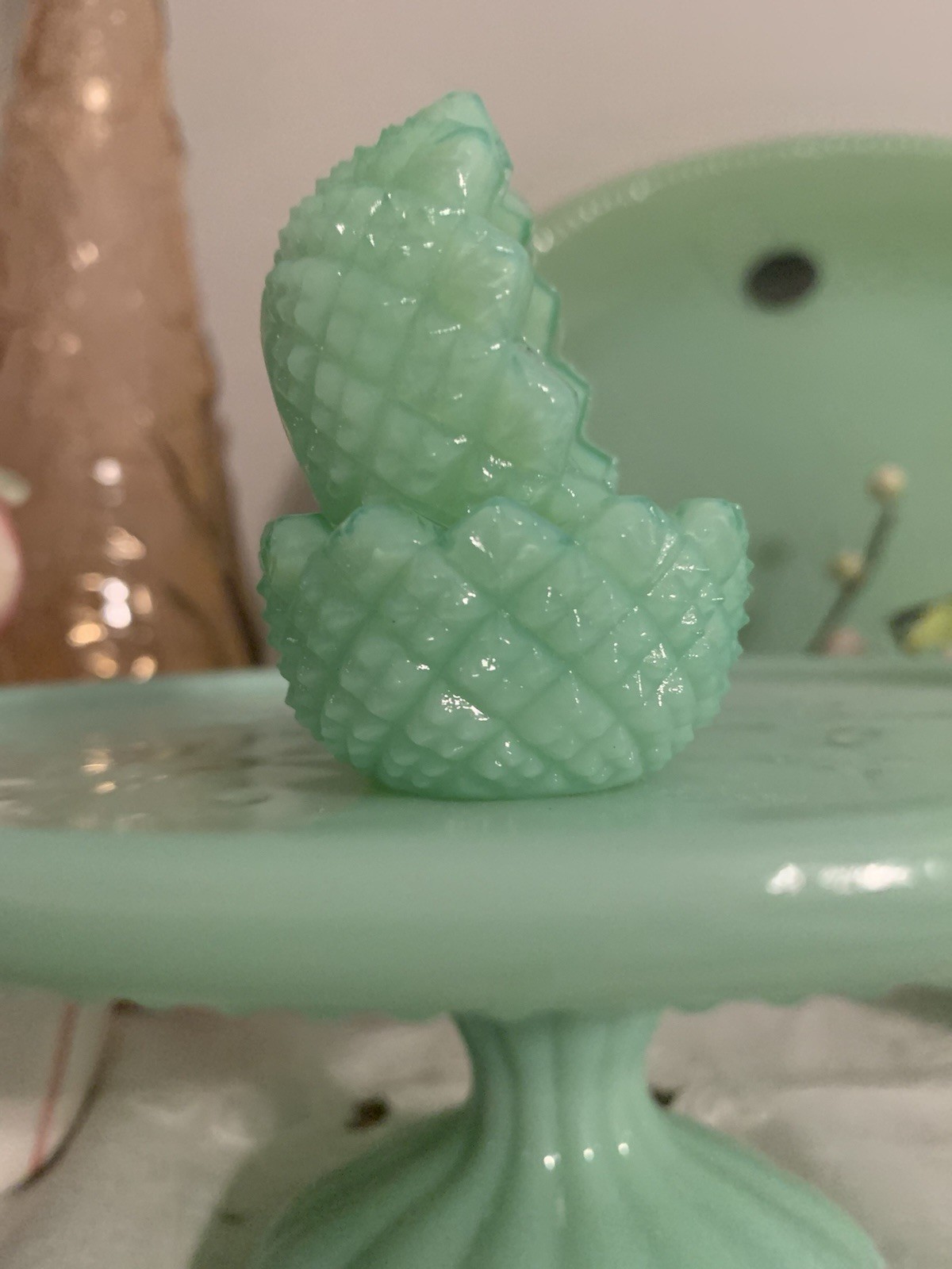 2/ JADITE Green ROUND SAWTOOTH GLASS OPEN SALT CELLAR, c1980's