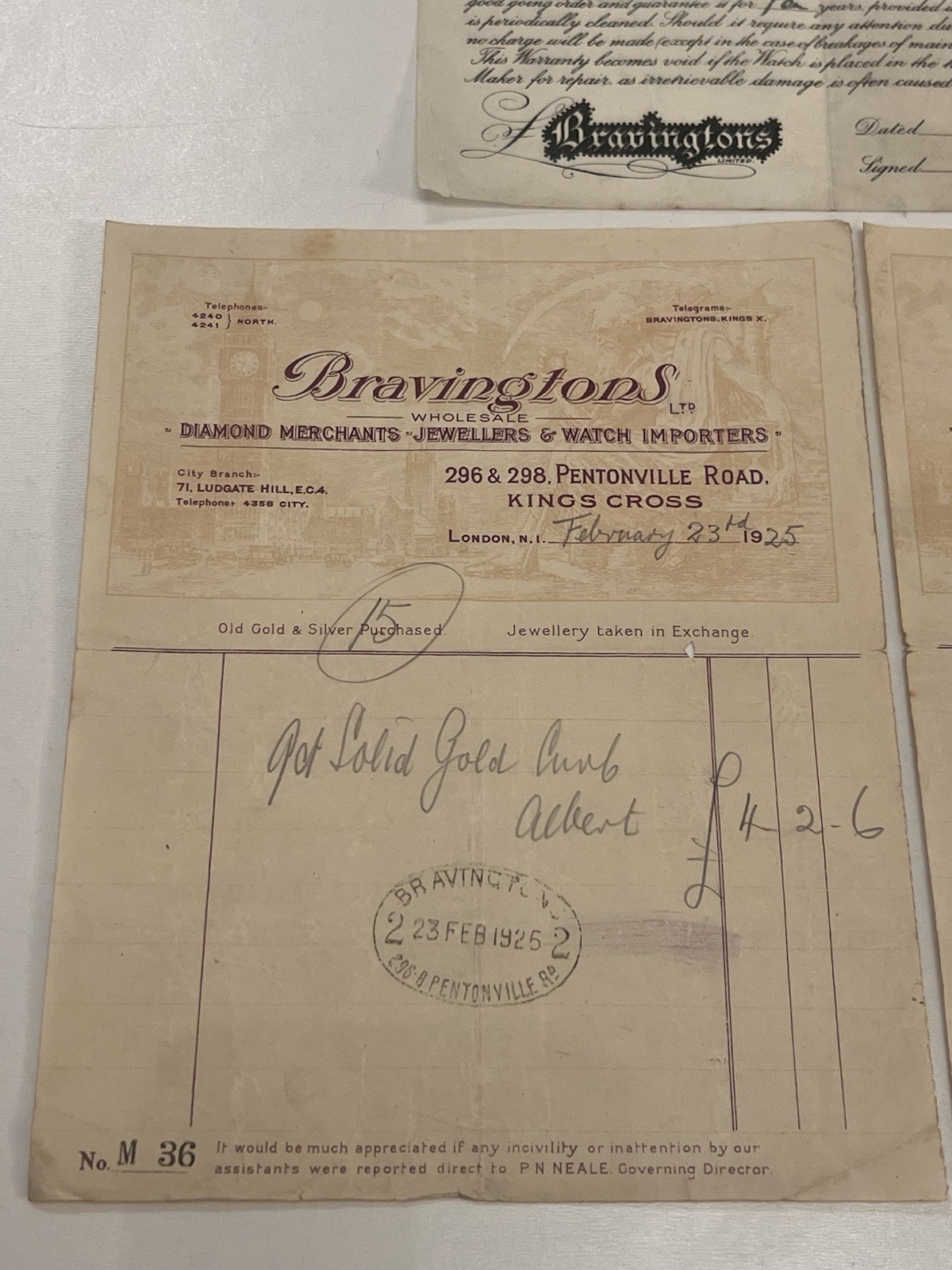 1925 Bravingtons Gold Watch & Chain Receipts + Guarantee Set V Rare