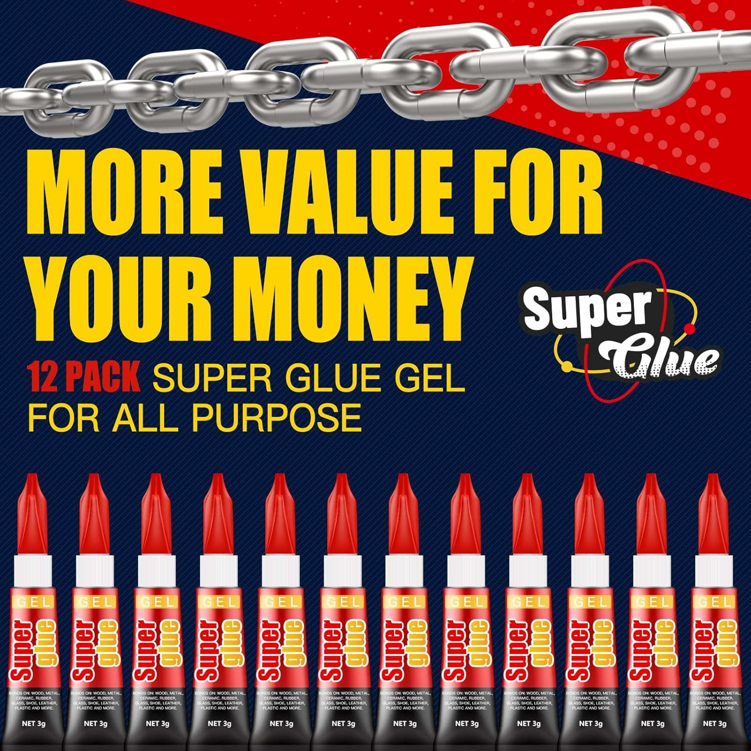 3 Gram (Pack of 12) Single Use Super Glue Gel, Super Fast, Thick & Strong Adhes