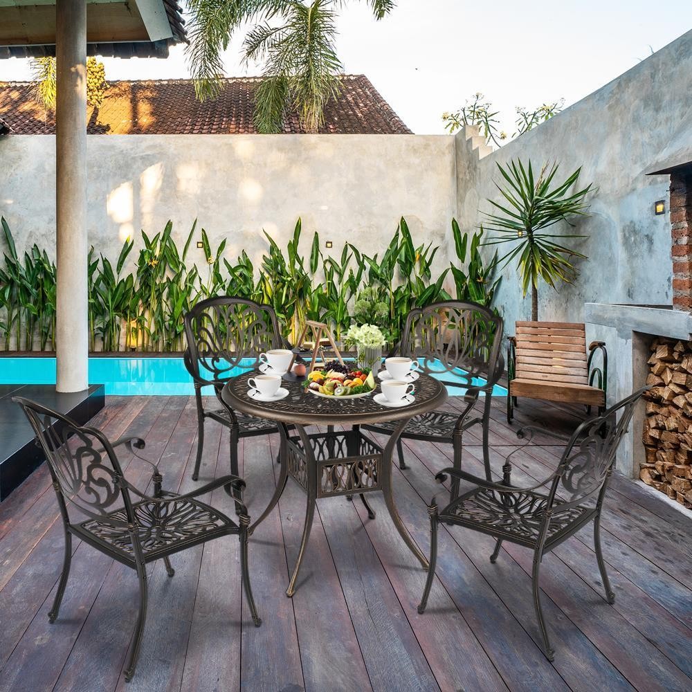 Patio Bistro Coffee Table with Umbrella Hole, Outdoor Aluminium Desk Furniture