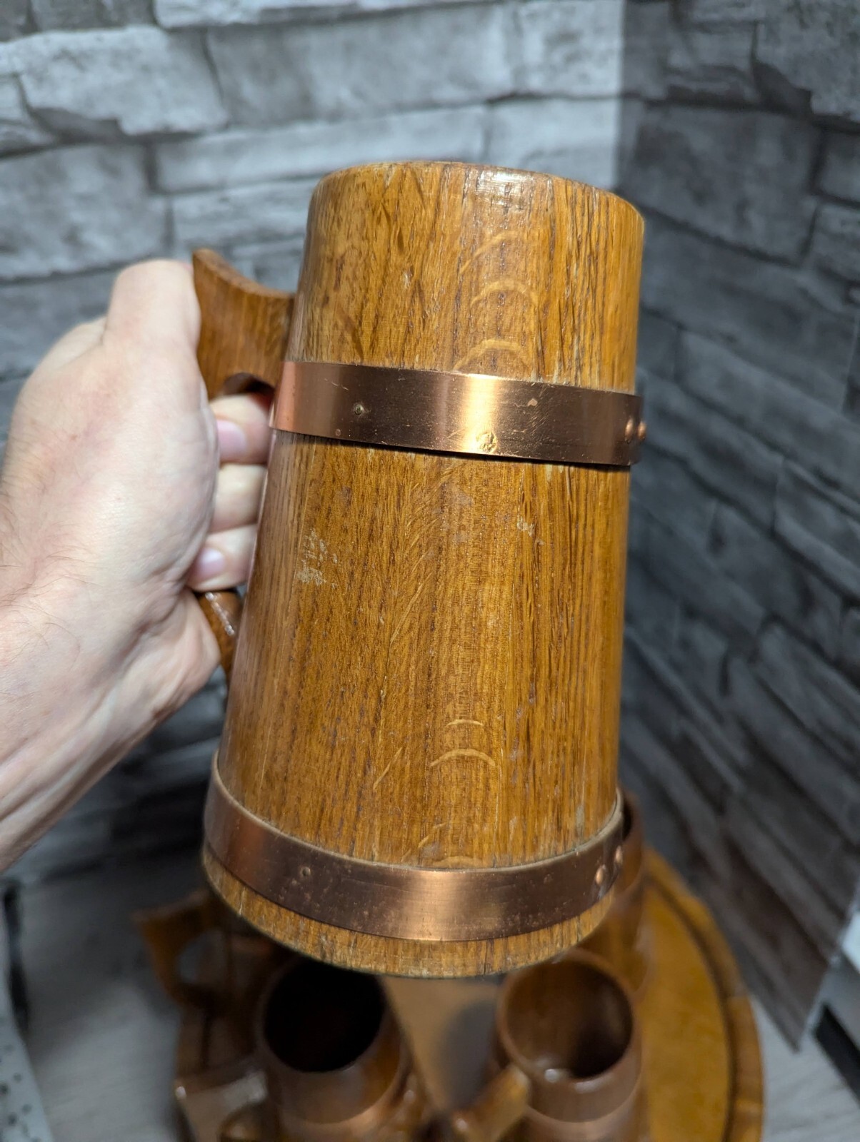 Vtg Set Of 5 Wood & Copper Beer Mug Stein Tankard Cups w/Tray Viking Bar Decor