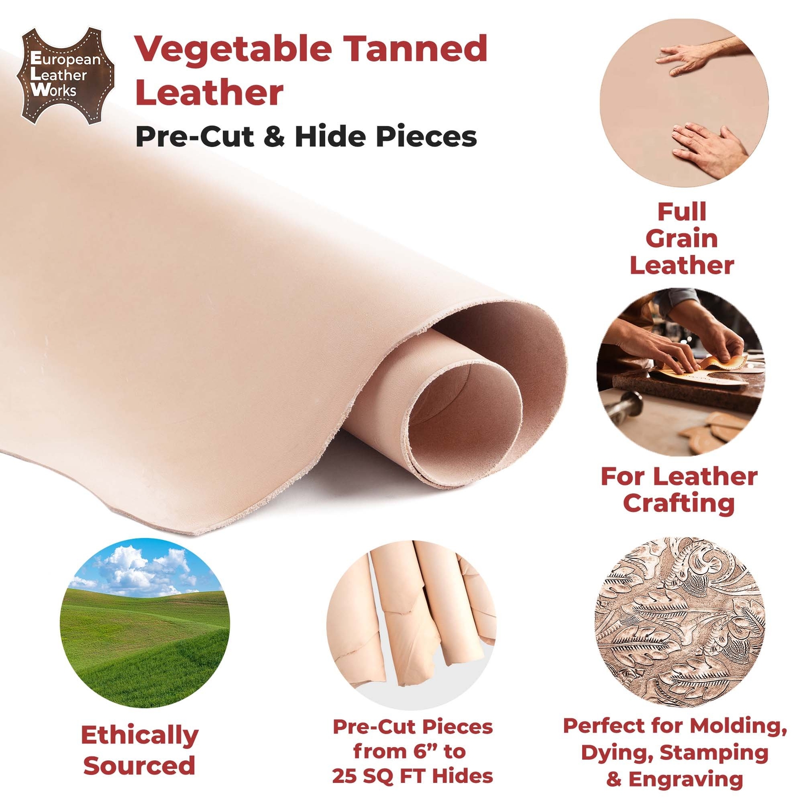 ELW 2-15 oz (1.8-6mm) Thick Pre-Cut Vegetable Tanned Leather