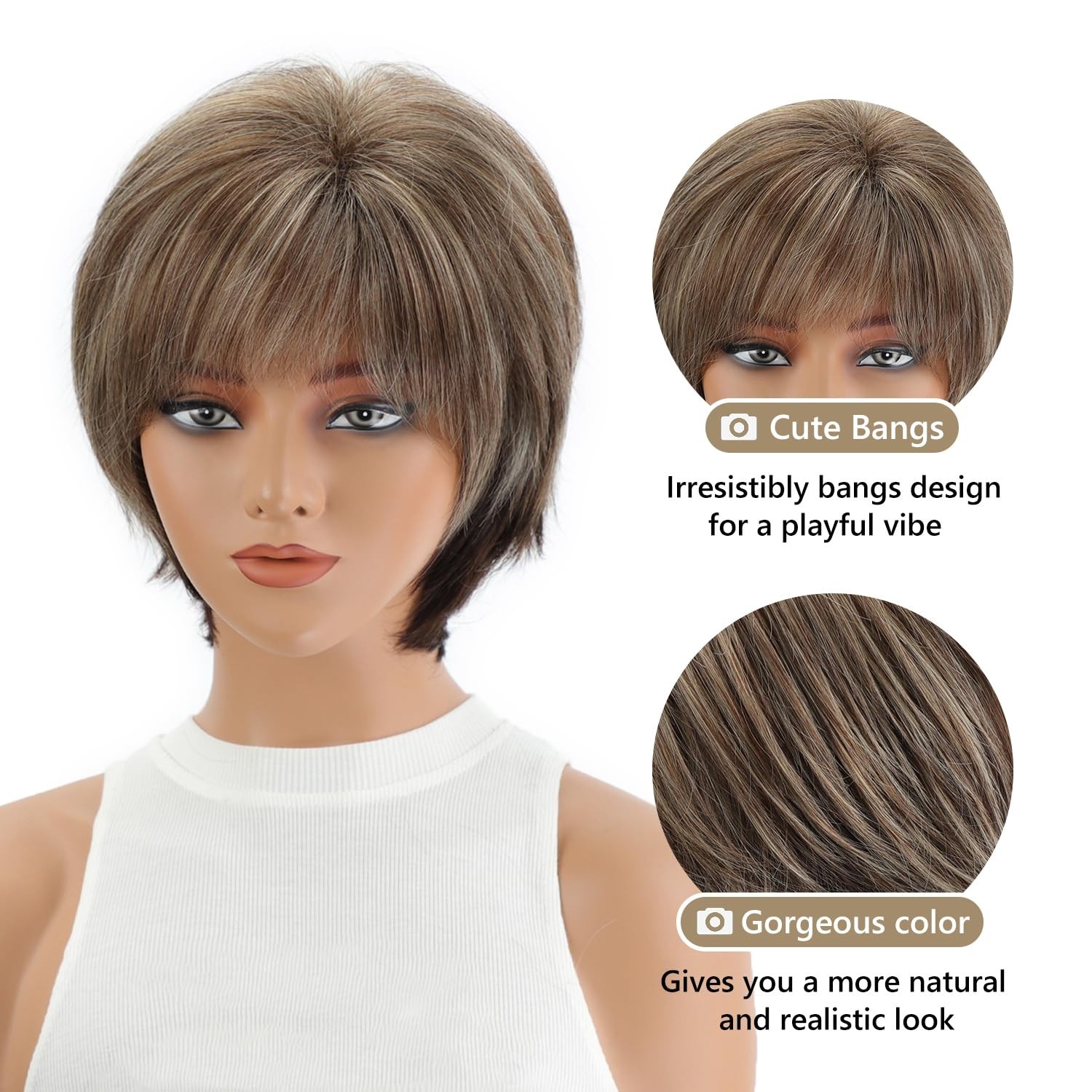 SEVENCOLORS Short Hair Wigs with Bangs Dark Brown Mixed Blonde Pixie Cut Wig ...