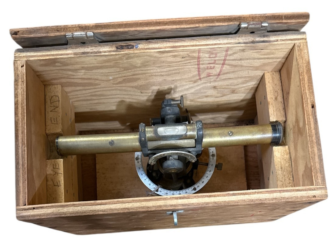 VINTAGE CWO BRASS SURVEY TRANSIT w/ WOODEN CASE