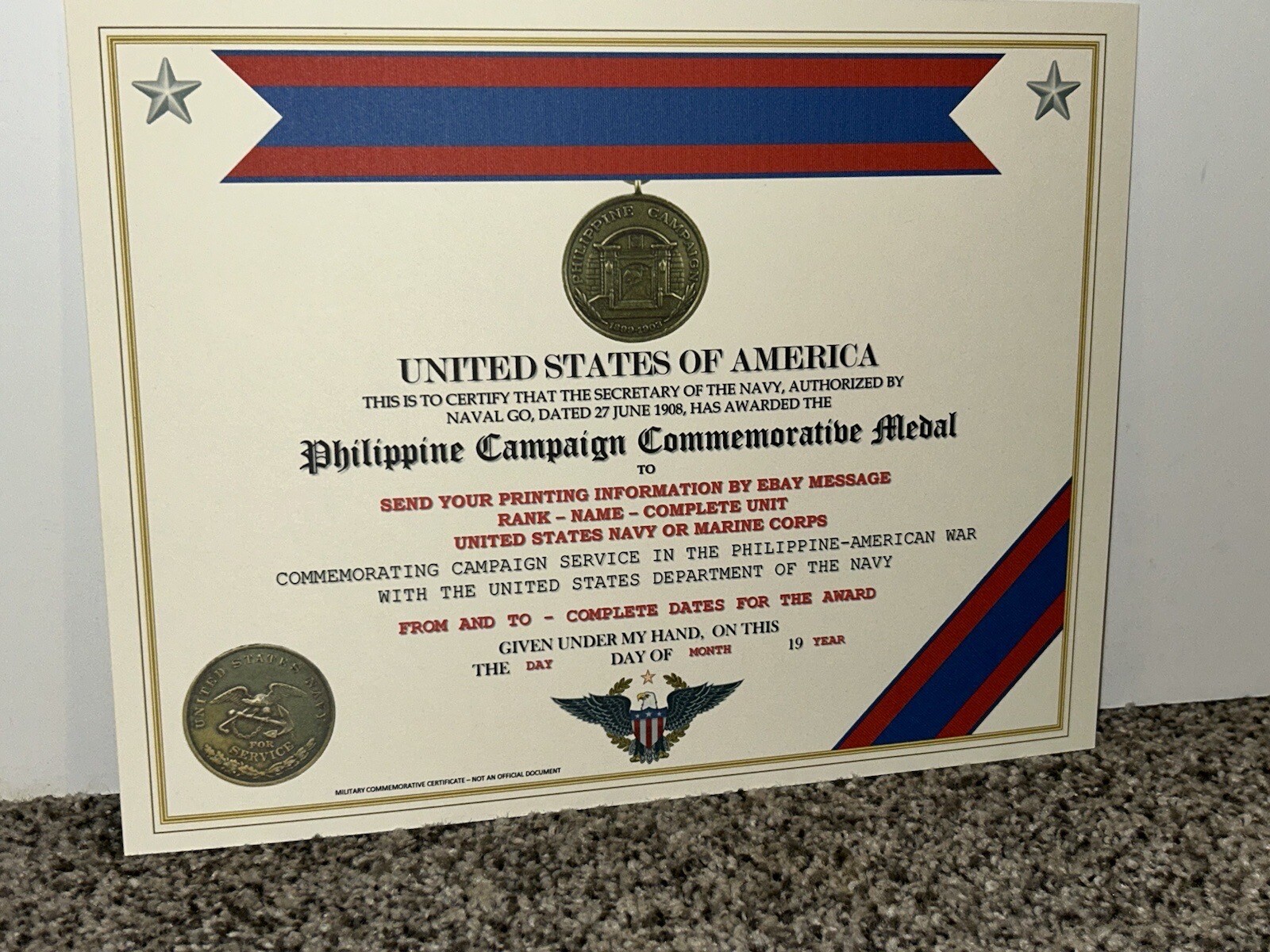 PHILIPPINE CAMPAIGN (NAVY) COMMEMORATIVE MEDAL CERTIFICATE ~ W/PRINTING TYPE-1