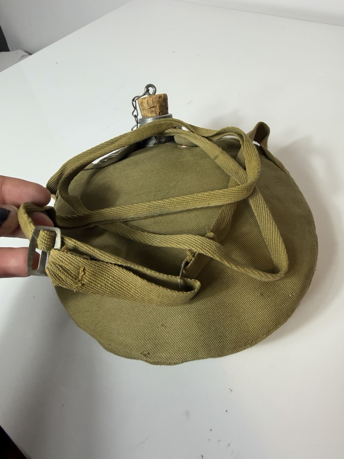 Vintage Military Metal Canteen W/Cloth Carrier, Cork Stop, Adjustable Strap