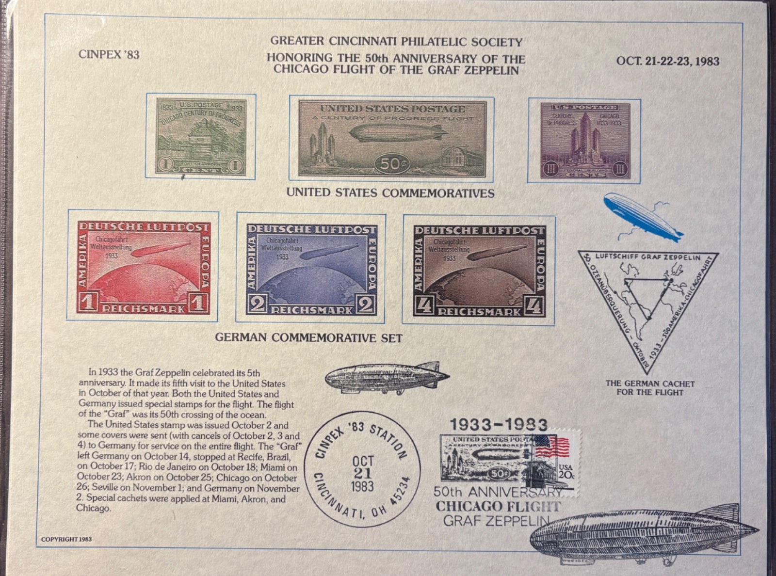 CINPEX '83 50th Anniversary of Zeppelin Chicago Mint & Canceled Souvenir Card