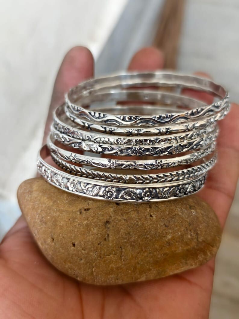 Solid 925 Sterling Silver Bangles, Hammered Bangles Stacking Set of 7 Bangles