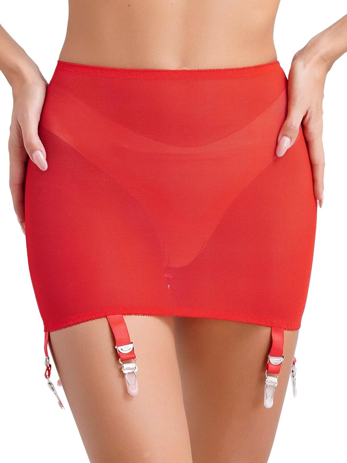 Luxallacki High Waist Sheer Mesh Garter Girdle 6 Straps Belt Mini Skirt Lingerie
