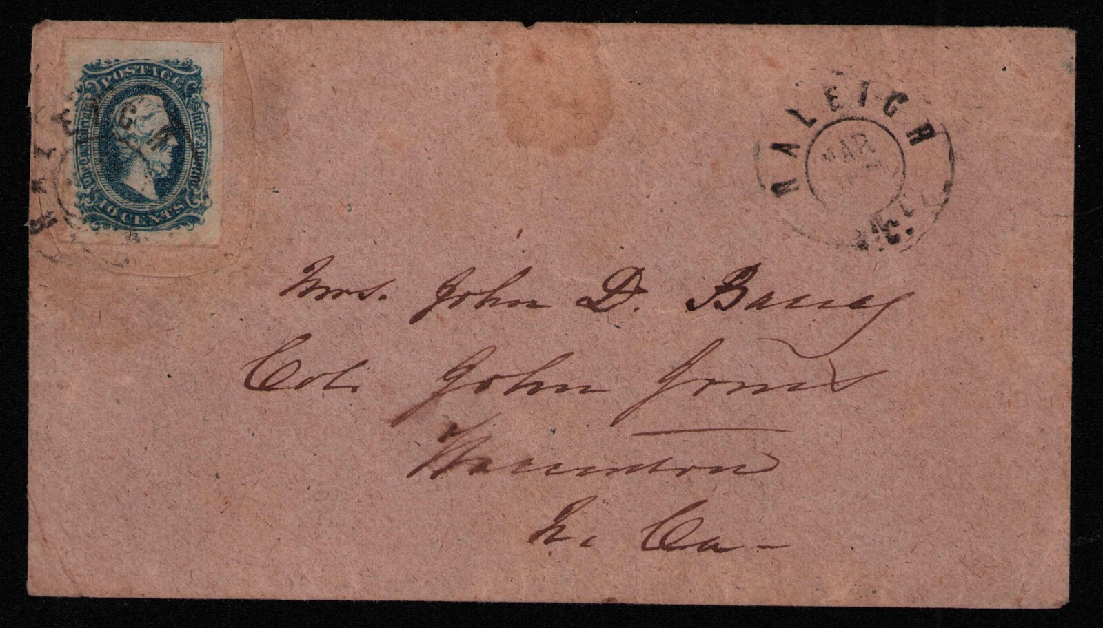 CSA Cover - Raleigh, North Carolina to Mrs. John D. Barry & Col. John James