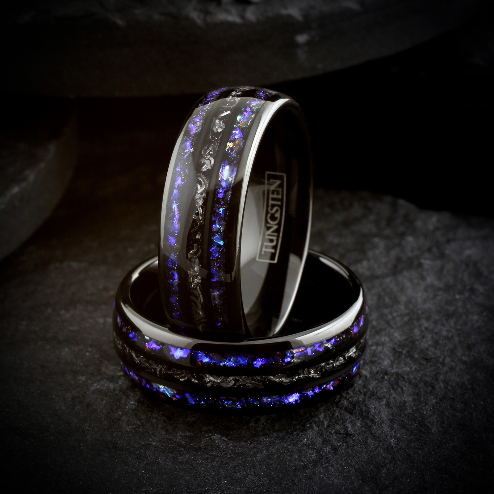 Black Tungsten Carbide Ring Blue Sandstone & Meteorite Space Galaxy Wedding Band