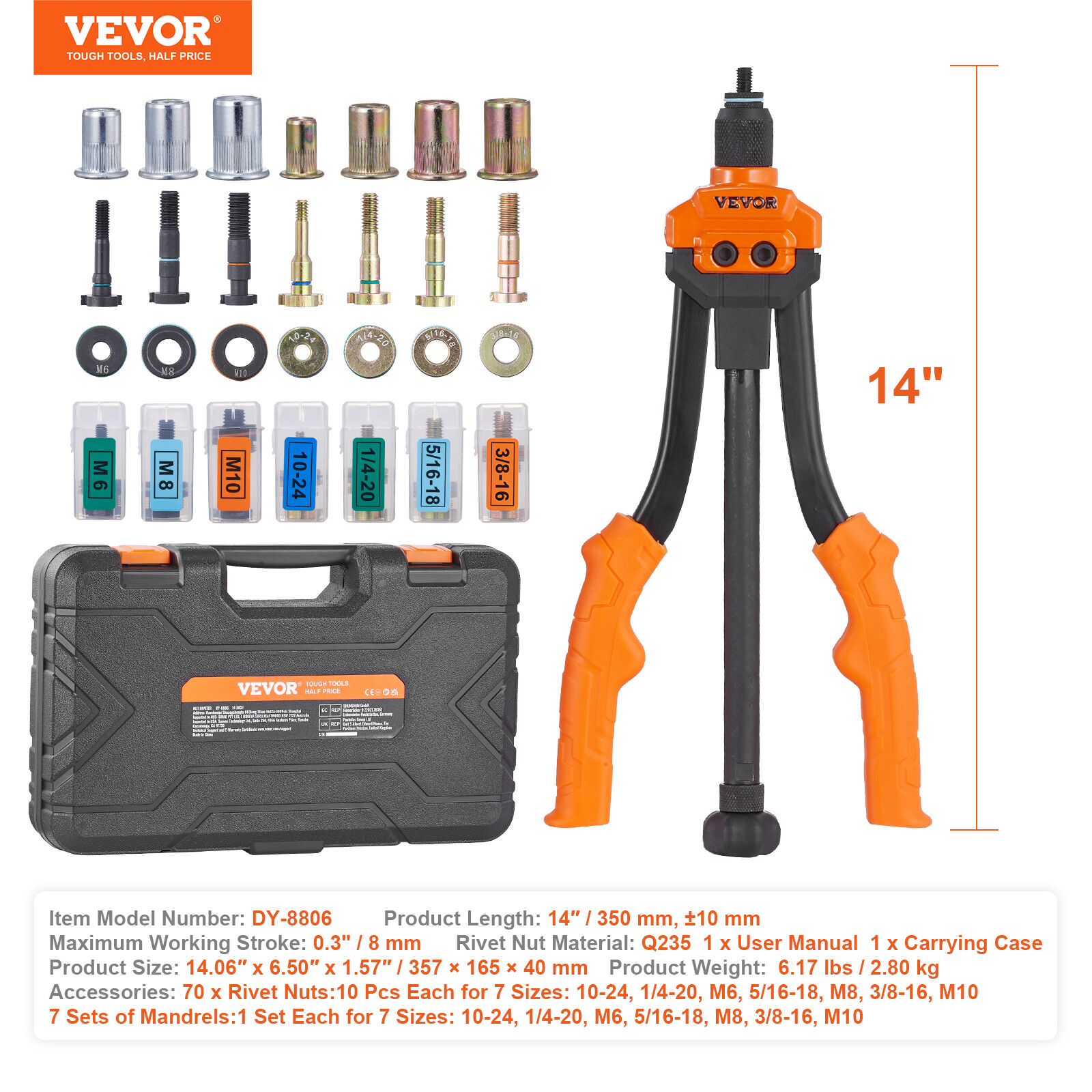 VEVOR Rivet Nut Tool 14in Rivnut Tool Kit 7 PCS Mandrels and 70 PCS Rivet Nuts