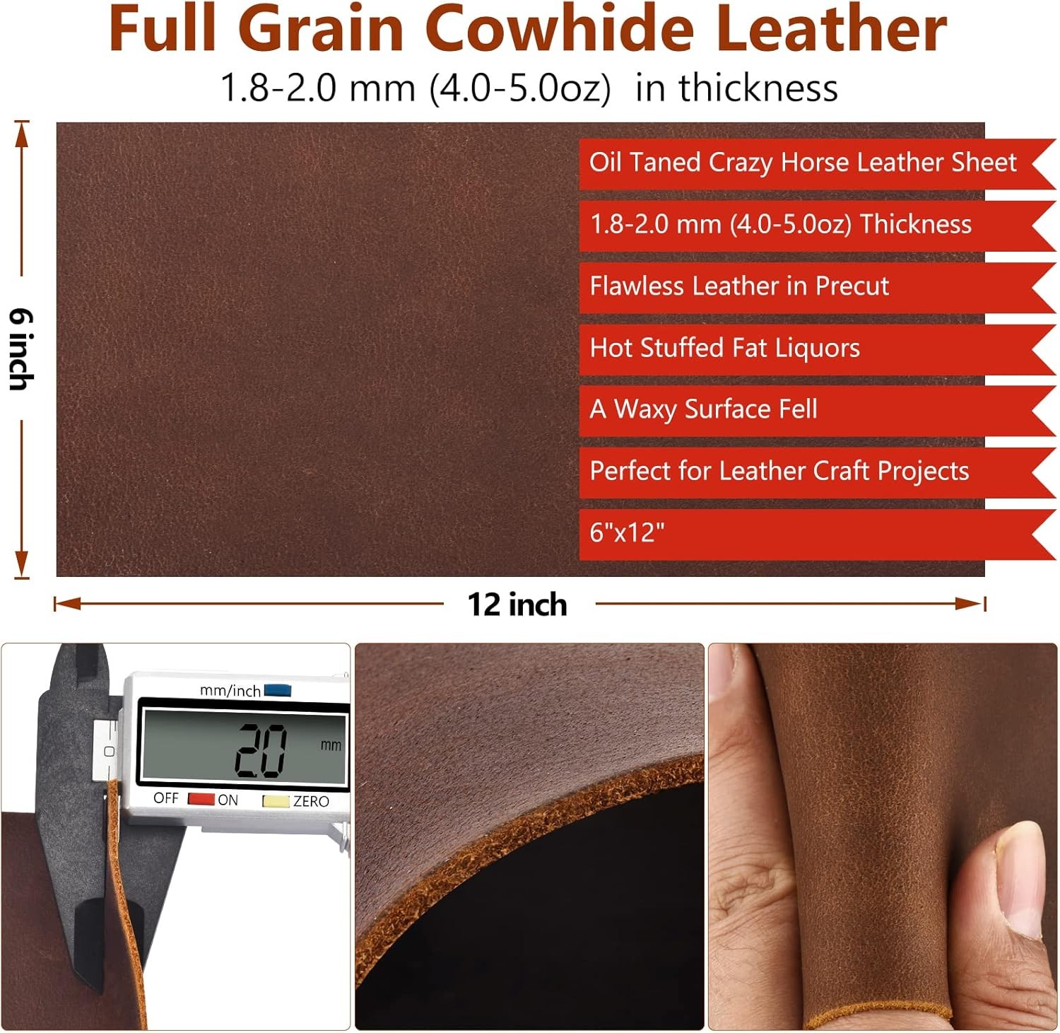 Genuine Leather Sheet 8x12" Full Grain Crazy Horse Cowhide 1.8-2mm Brown Craft