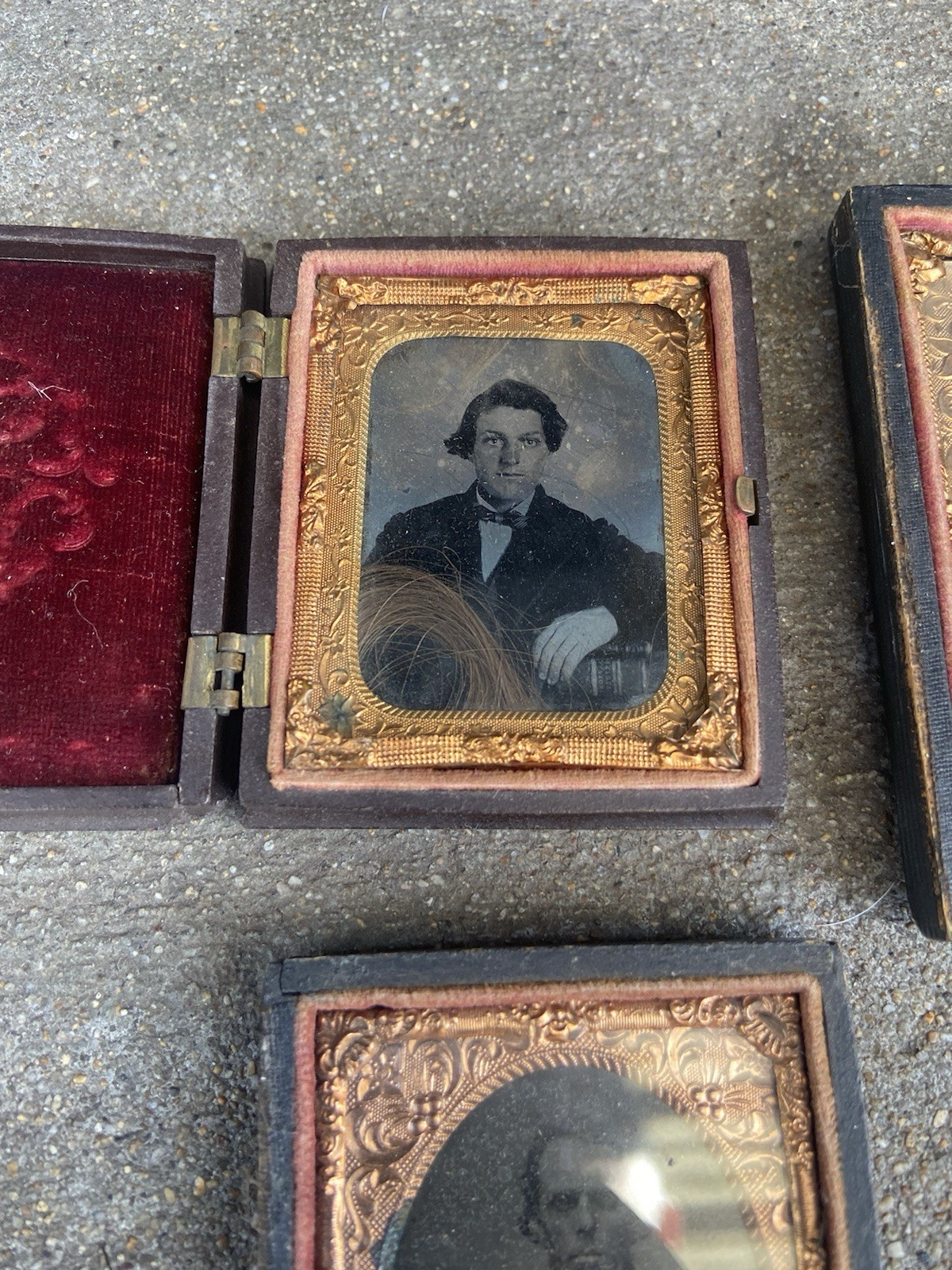 Victorian Mourning Tin Type Photo With Lock of Hair Plus 2 Others - All Men… B5