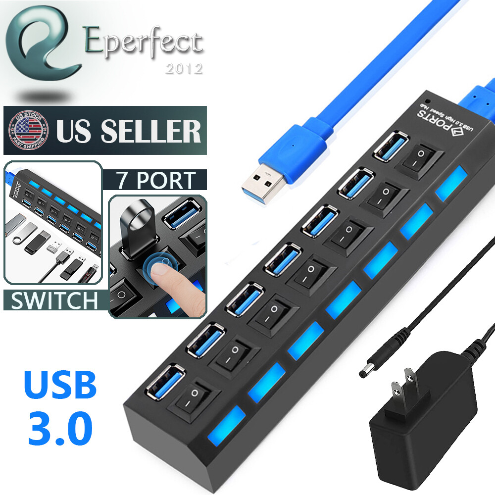 USB 3.0 Hub 7 Port On/Off Switch High Speed Splitter AC Adapter Cable PC Laptop