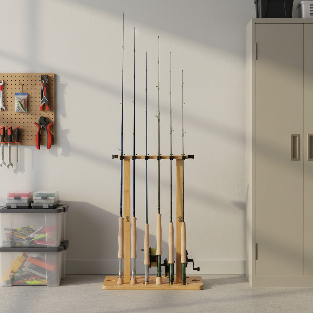 Fishing Pole Rod Racks—Floor Stand Bamboo Round rods holder for 14 Fishing