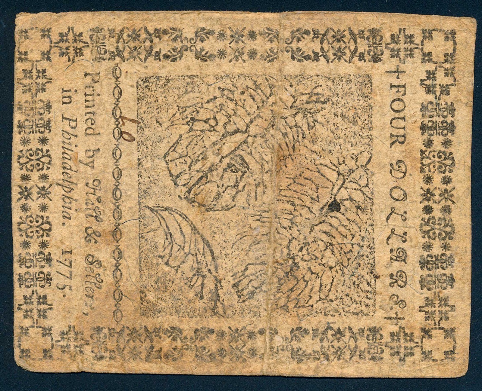 First Issue, May 10, 1775 $4 Four Dollars Continental Currency Note Philadelphia