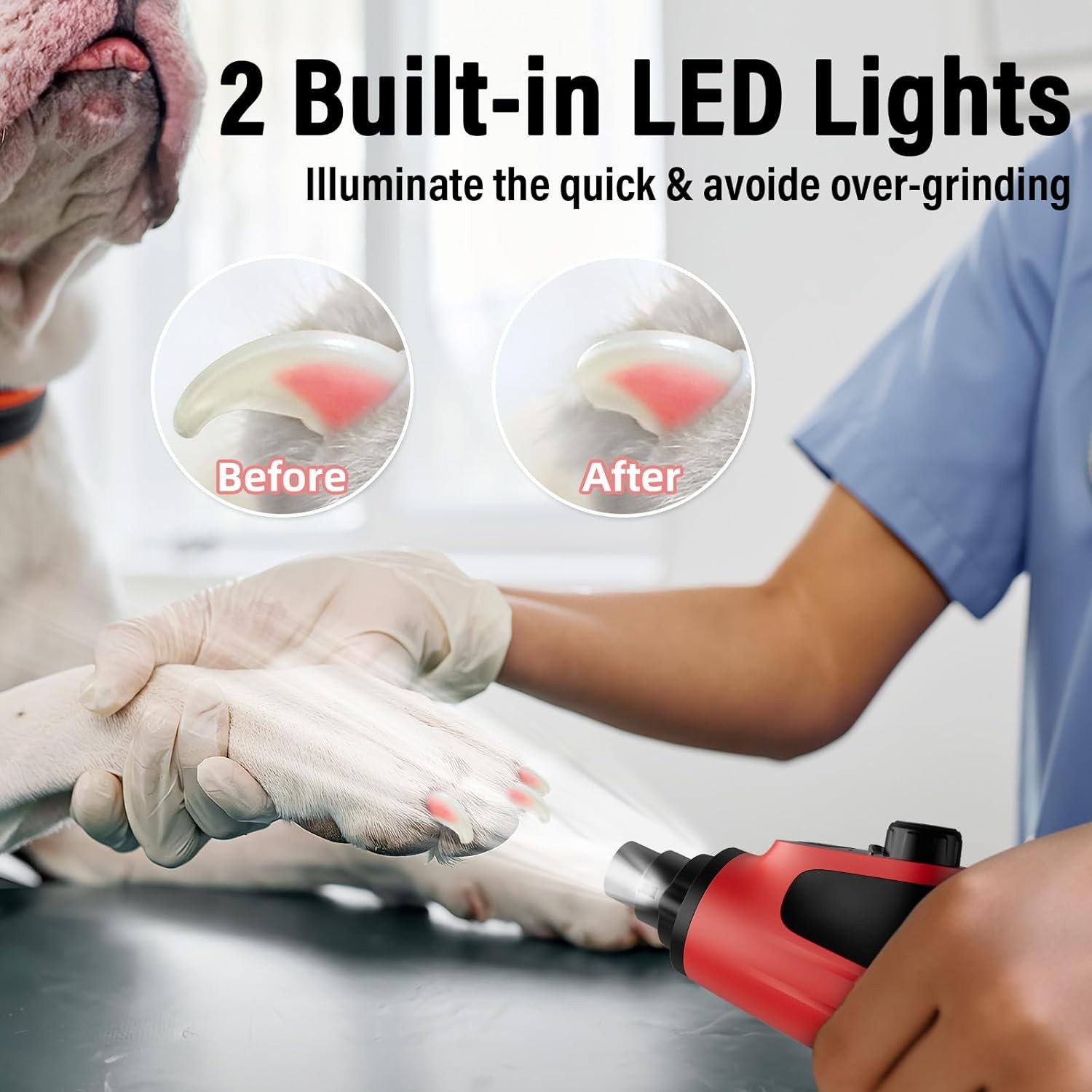 Casfuy Smart 6-Speed Dog Nail Grinder 50% More Power 2 LED Lights Quiet Red NEW