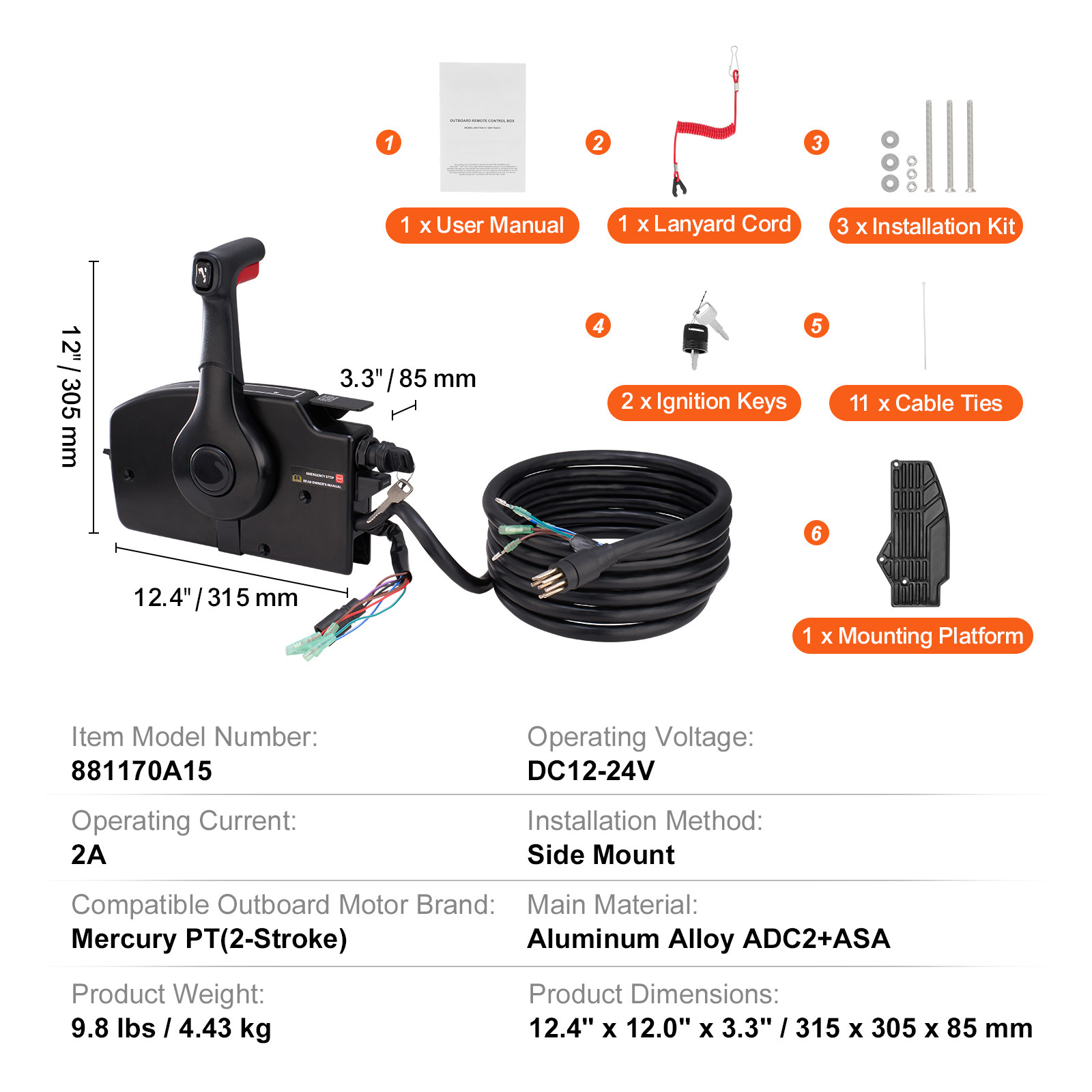 Outboard Throttle Remote Control Box Side-Mounted for Mercury PT 2-Stroke