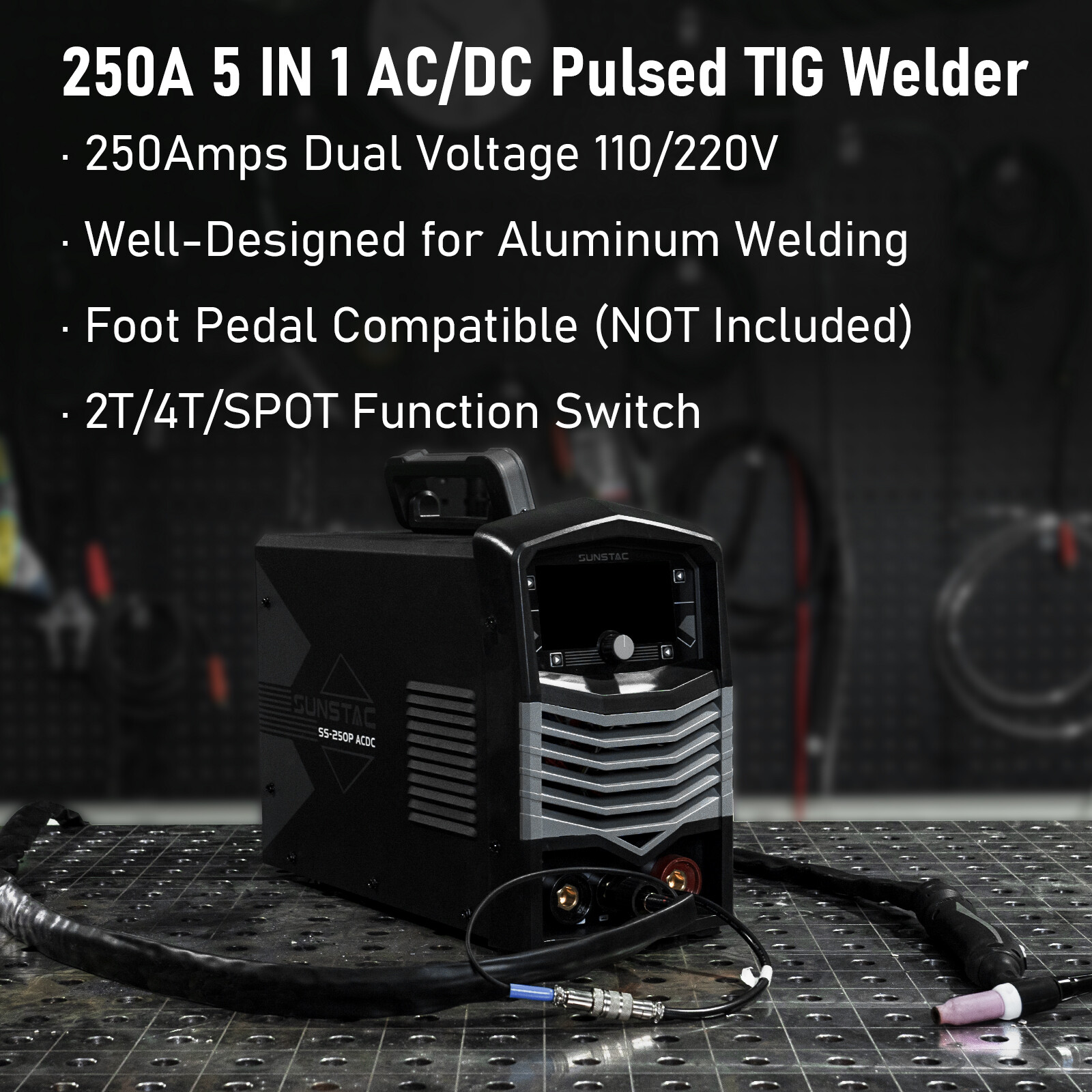 250A AC/DC Aluminum TIG Welder with Pulse DC TIG/AC TIG/Pulse TIG/SPOT TIG/Stick