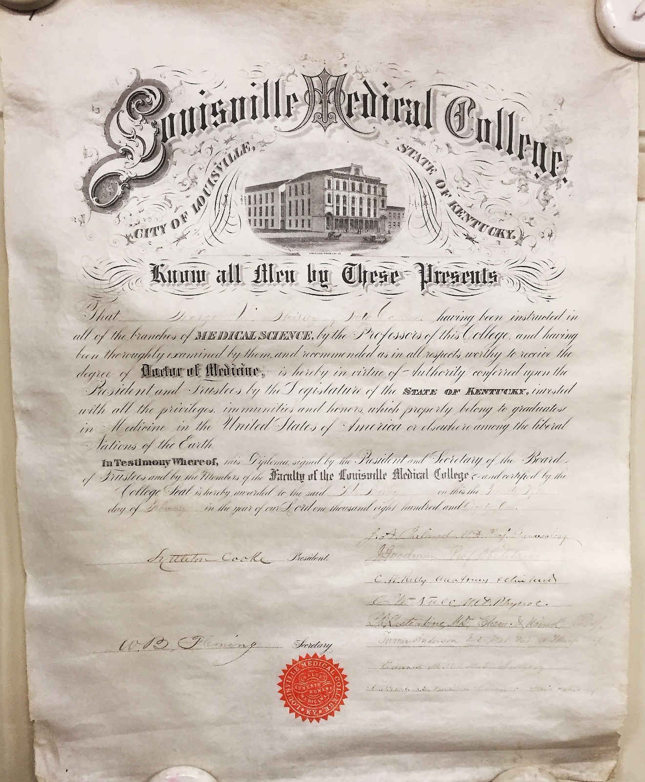 ANTIQUE 1881 LOUISVILLE MEDICAL COLLEGE DOCTOR DIPLOMA ON PARCHMENT GOOD