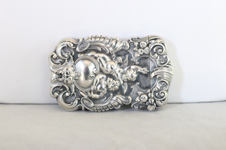 RARE AMERICAN MADE KERR STERLING SILVER 2 CHERUBS & GROTESQUE FACE MATCH SAFE