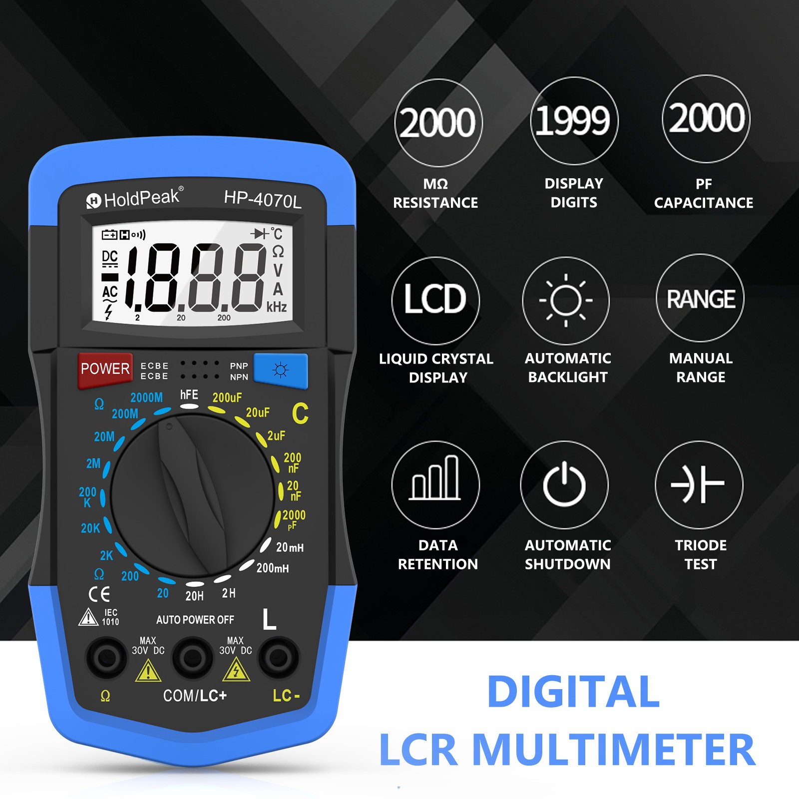 LCR Meter Digital LCR Multimeter Capacitance Resistance Inductance Transistor hF