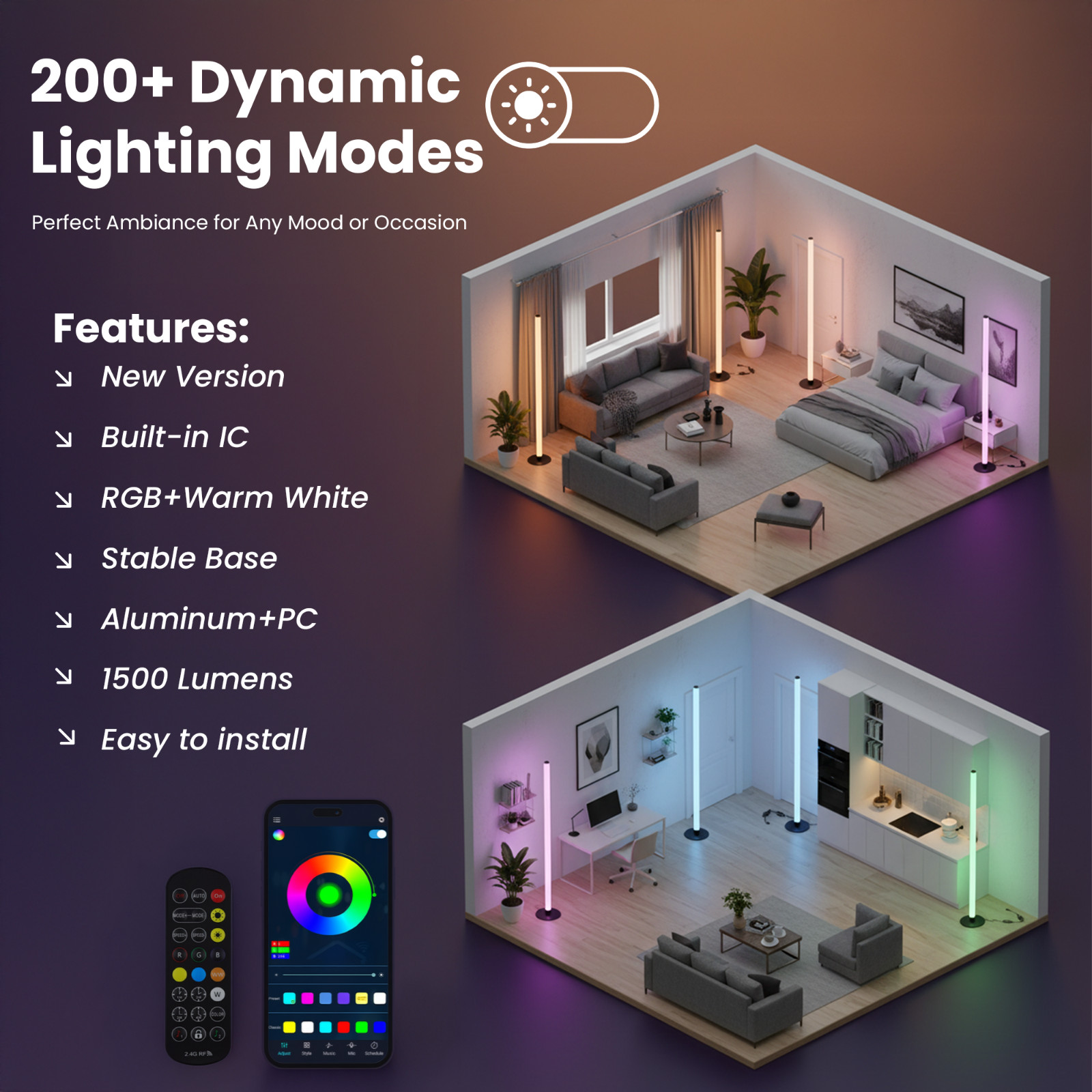 2 x Smart RGBIC LED Corner Floor Lamp with Remote & App 1500 Lumens Music Sync