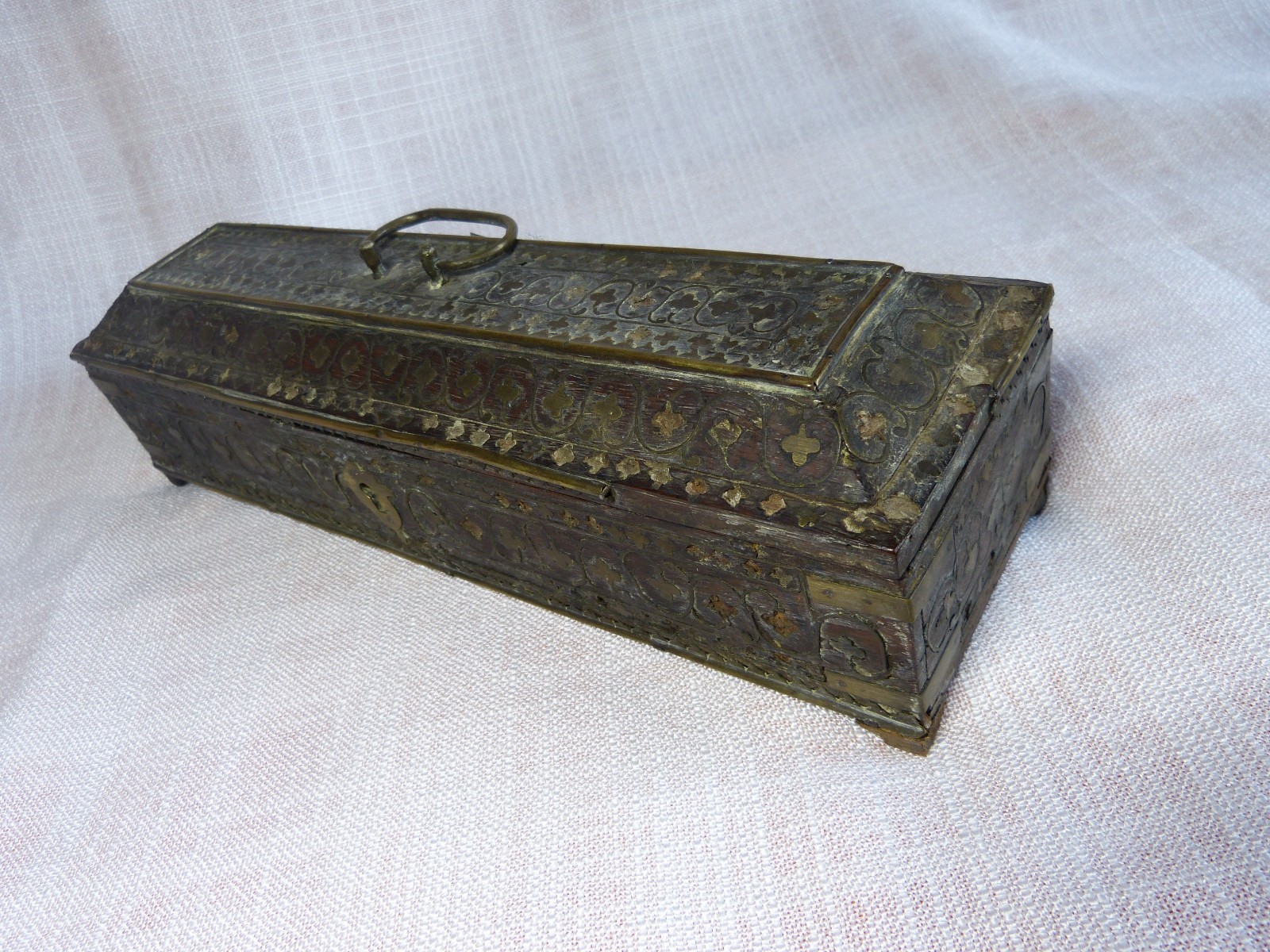 Boxset Antique Box Glove Antique Wooden 19 Century XIX ° Inlay Brass