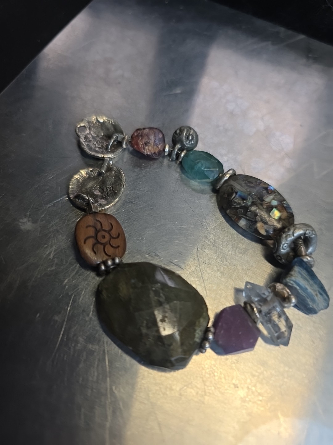 Vintage Handmade Chunky Statement Gemstone Bracelet Silver 7.5"